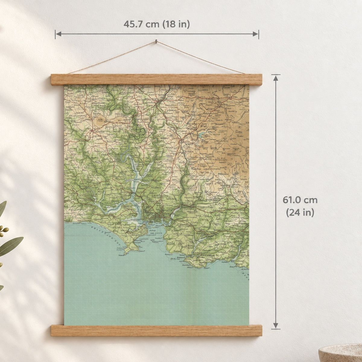 Plymouth historic map print, Bartholomew Half-Inch, 1903 — 18 × 24 in · portrait, Canvas, black hanger and Canvas, natural oak hanger and Canvas, white hanger and Fine art paper, black hanger and Fine art paper, natural oak hanger and Fine art paper, no hanger and Fine art paper, white hanger, hanger front mockup