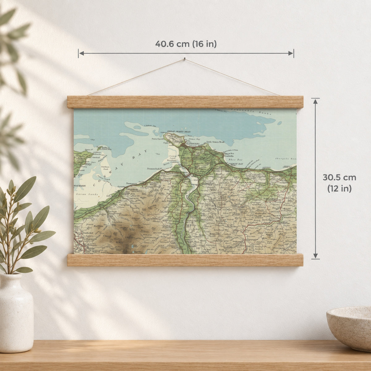Llandudno historic map print, Bartholomew Half-Inch, 1904 — 16 × 12 in · landscape, Canvas, black hanger and Canvas, natural oak hanger and Canvas, white hanger and Fine art paper, black hanger and Fine art paper, natural oak hanger and Fine art paper, no hanger and Fine art paper, white hanger, hanger front mockup