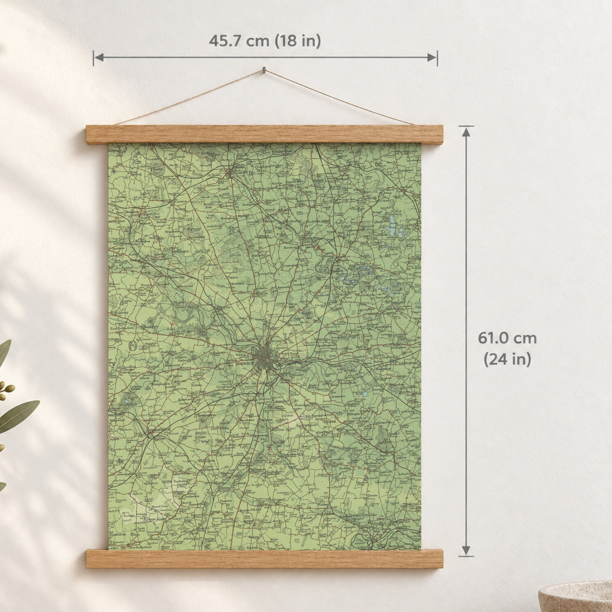 Norwich historic map print, Bartholomew Half-Inch, 1903 — 18 × 24 in · portrait, Canvas, black hanger and Canvas, natural oak hanger and Canvas, white hanger and Fine art paper, black hanger and Fine art paper, natural oak hanger and Fine art paper, no hanger and Fine art paper, white hanger, hanger front mockup