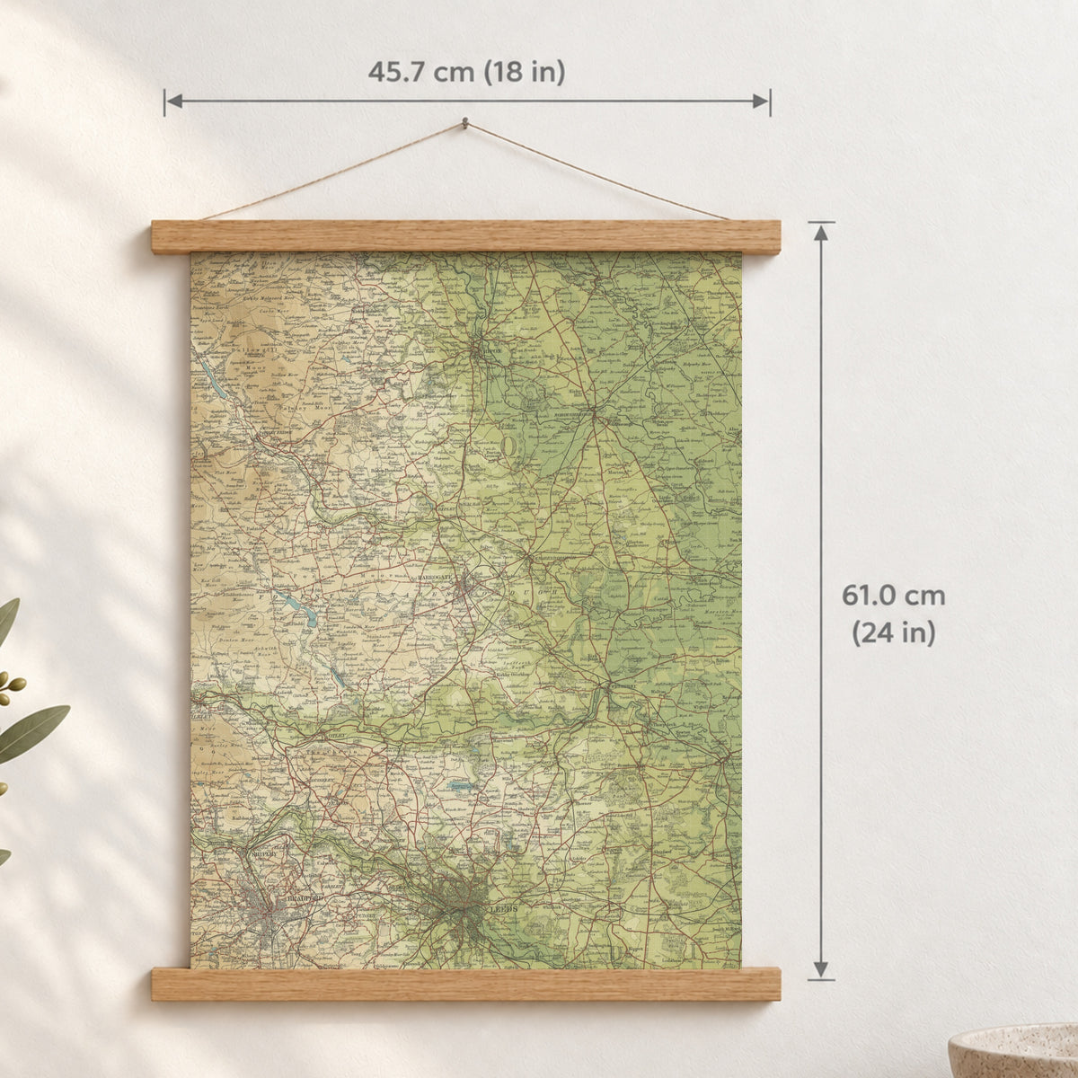 Leeds historic map print, Bartholomew Half-Inch, 1906 — 18 × 24 in · portrait, Canvas, black hanger and Canvas, natural oak hanger and Canvas, white hanger and Fine art paper, black hanger and Fine art paper, natural oak hanger and Fine art paper, no hanger and Fine art paper, white hanger, hanger front mockup