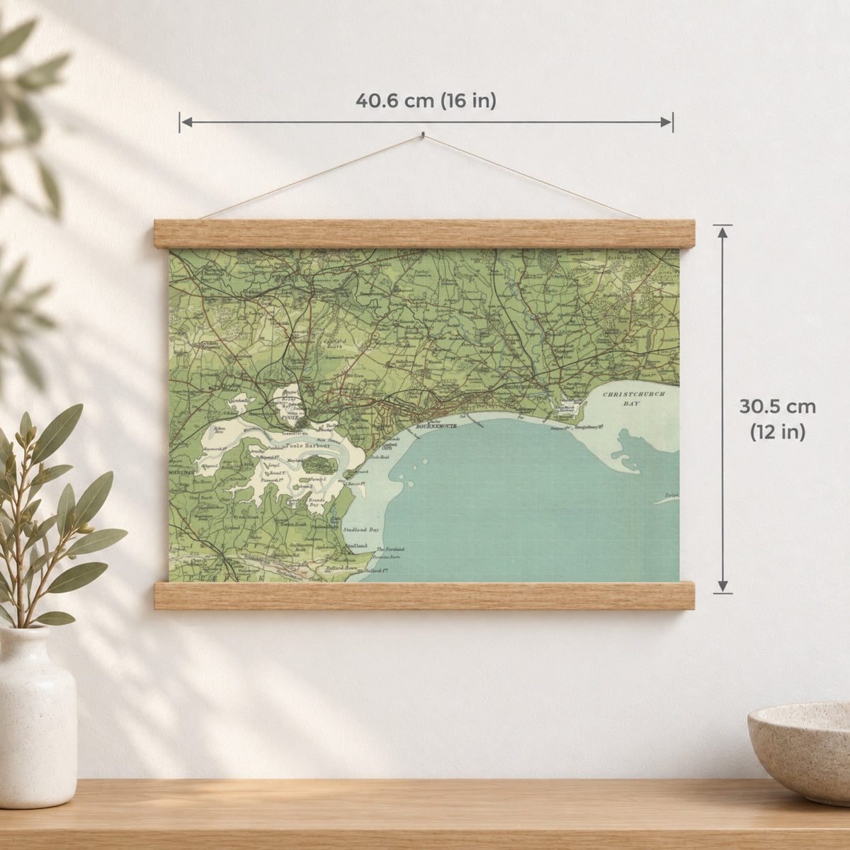 Bournemouth historic map print, Bartholomew Half-Inch, 1902 — 16 × 12 in · landscape, Canvas, black hanger and Canvas, natural oak hanger and Canvas, white hanger and Fine art paper, black hanger and Fine art paper, natural oak hanger and Fine art paper, no hanger and Fine art paper, white hanger, hanger front mockup