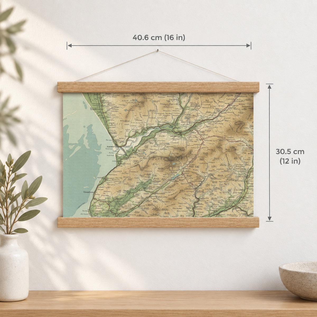 Barmouth historic map print, Bartholomew Half-Inch, 1905 — 16 × 12 in · landscape, Canvas, black hanger and Canvas, natural oak hanger and Canvas, white hanger and Fine art paper, black hanger and Fine art paper, natural oak hanger and Fine art paper, no hanger and Fine art paper, white hanger, hanger front mockup