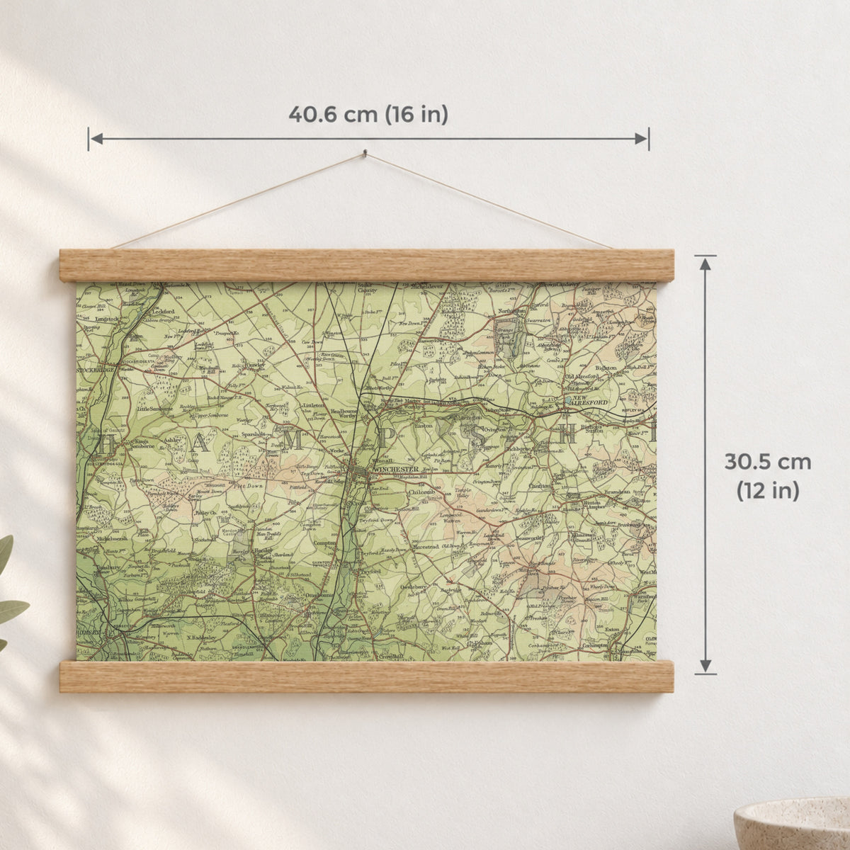 Winchester historic map print, Bartholomew Half-Inch, 1902 — 16 × 12 in · landscape, Canvas, black hanger and Canvas, natural oak hanger and Canvas, white hanger and Fine art paper, black hanger and Fine art paper, natural oak hanger and Fine art paper, no hanger and Fine art paper, white hanger, hanger front mockup