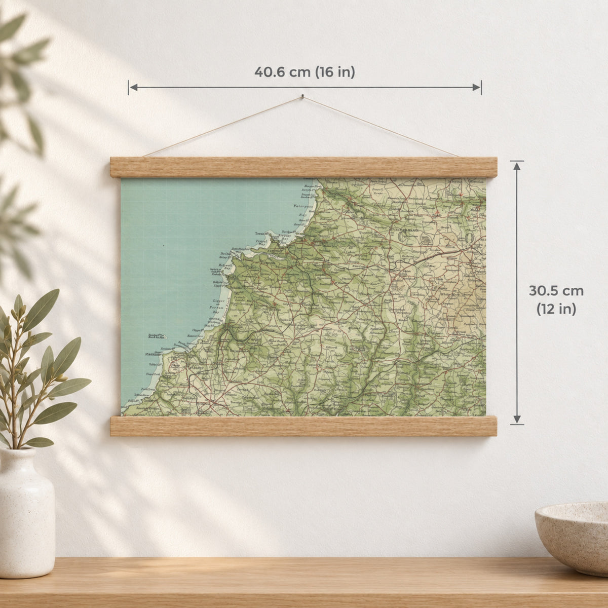 Newquay historic map print, Bartholomew Half-Inch, 1903 — 16 × 12 in · landscape, Canvas, black hanger and Canvas, natural oak hanger and Canvas, white hanger and Fine art paper, black hanger and Fine art paper, natural oak hanger and Fine art paper, no hanger and Fine art paper, white hanger, hanger front mockup