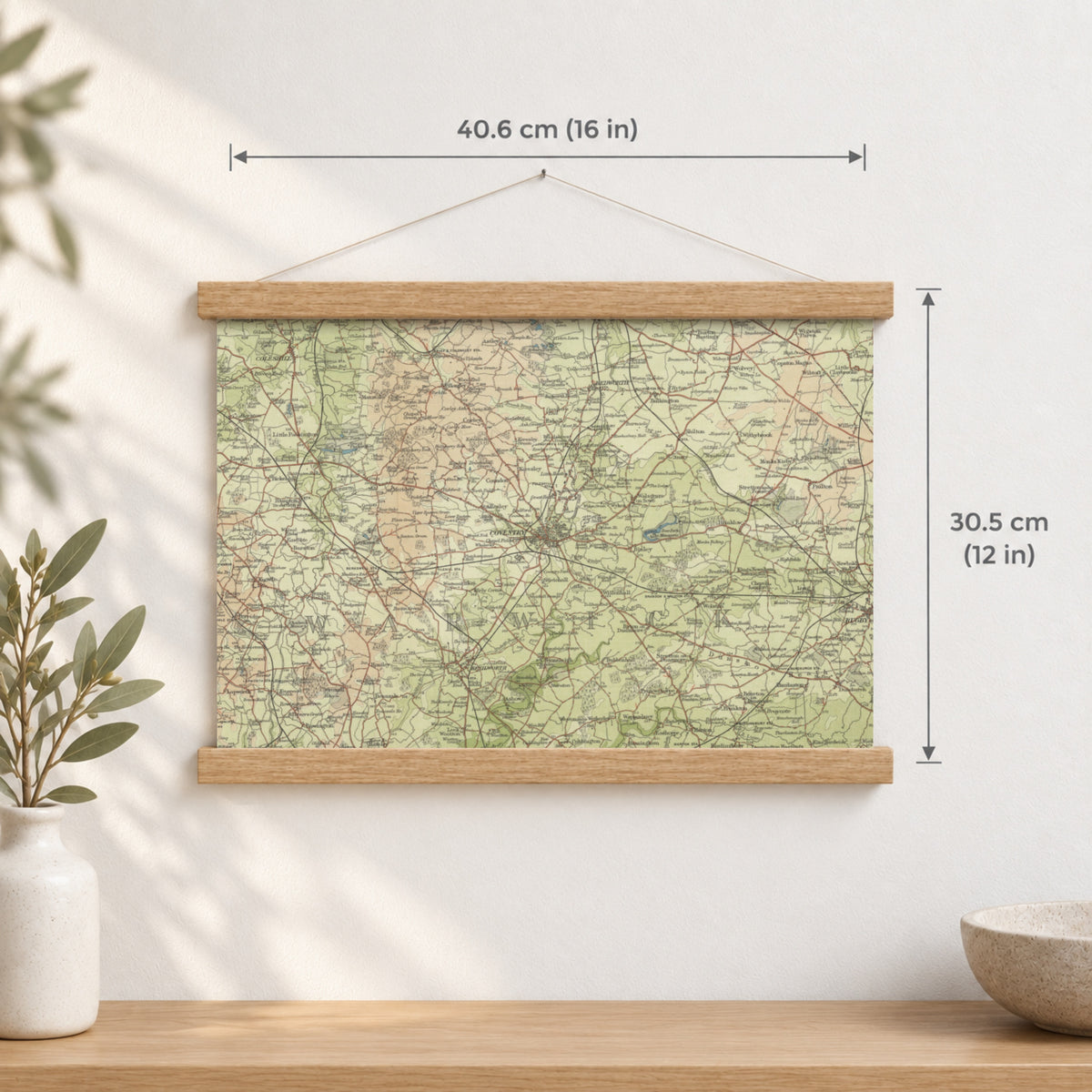 Coventry historic map print, Bartholomew Half-Inch, 1903 — 16 × 12 in · landscape, Canvas, black hanger and Canvas, natural oak hanger and Canvas, white hanger and Fine art paper, black hanger and Fine art paper, natural oak hanger and Fine art paper, no hanger and Fine art paper, white hanger, hanger front mockup