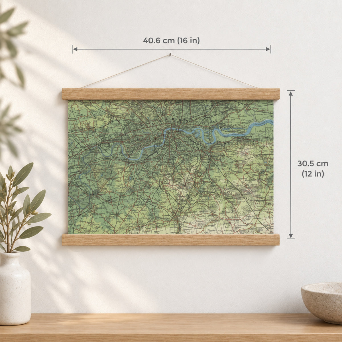 London historic map print, Bartholomew Half-Inch, 1903 — 16 × 12 in · landscape, Canvas, black hanger and Canvas, natural oak hanger and Canvas, white hanger and Fine art paper, black hanger and Fine art paper, natural oak hanger and Fine art paper, no hanger and Fine art paper, white hanger, hanger front mockup