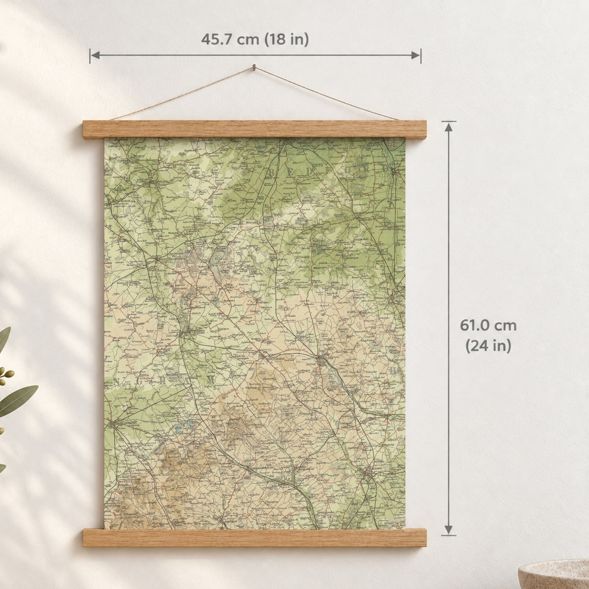 Milton Keynes historic map print, Bartholomew Half-Inch, 1903 — 18 × 24 in · portrait, Canvas, black hanger and Canvas, natural oak hanger and Canvas, white hanger and Fine art paper, black hanger and Fine art paper, natural oak hanger and Fine art paper, no hanger and Fine art paper, white hanger, hanger front mockup