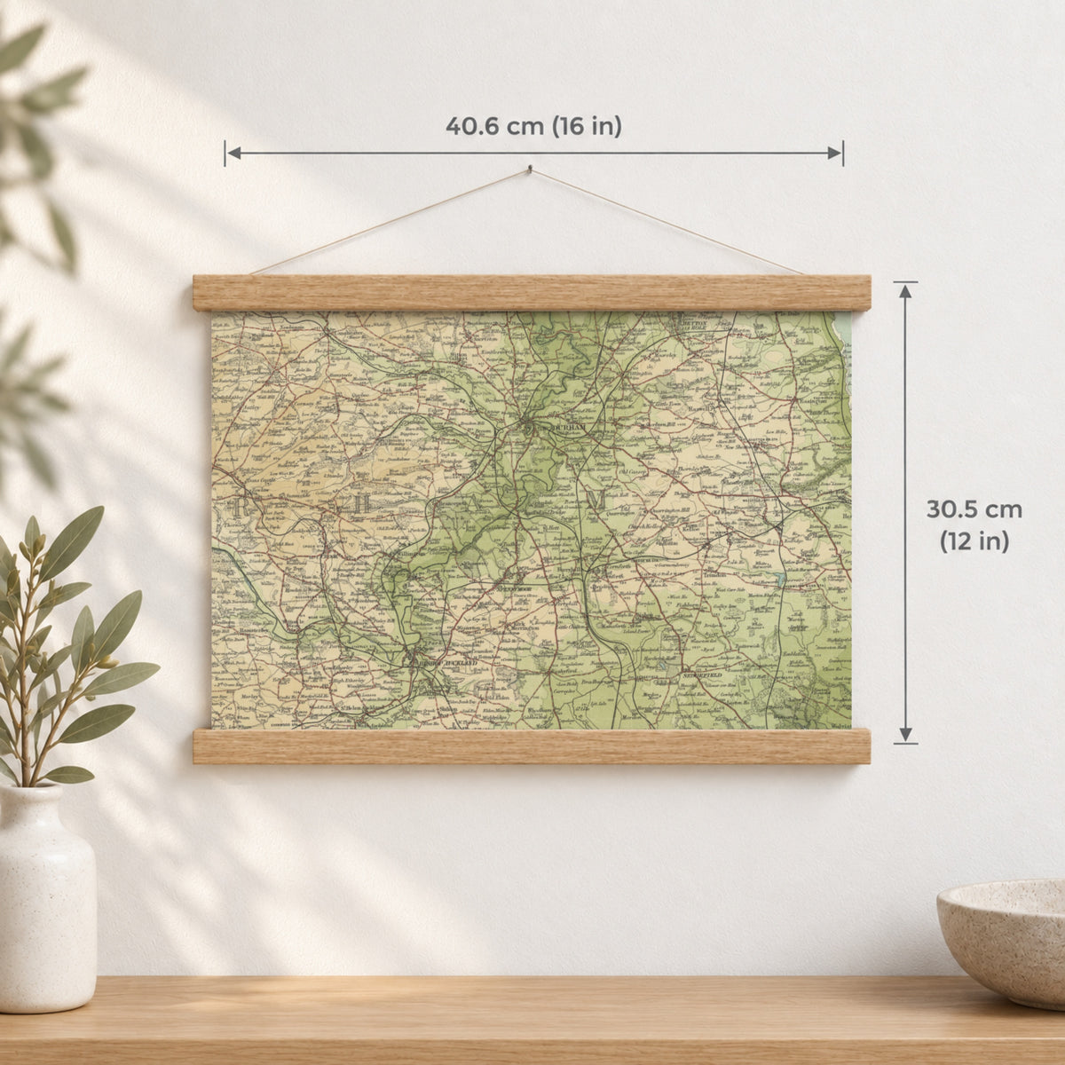 Durham historic map print, Bartholomew Half-Inch, 1904 — 16 × 12 in · landscape, Canvas, black hanger and Canvas, natural oak hanger and Canvas, white hanger and Fine art paper, black hanger and Fine art paper, natural oak hanger and Fine art paper, no hanger and Fine art paper, white hanger, hanger front mockup