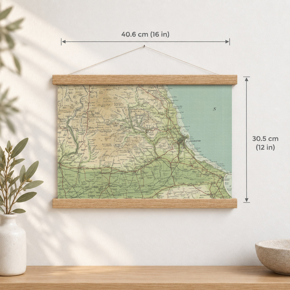 Scarborough historic map print, Bartholomew Half-Inch, 1903 — 16 × 12 in · landscape, Canvas, black hanger and Canvas, natural oak hanger and Canvas, white hanger and Fine art paper, black hanger and Fine art paper, natural oak hanger and Fine art paper, no hanger and Fine art paper, white hanger, hanger front mockup