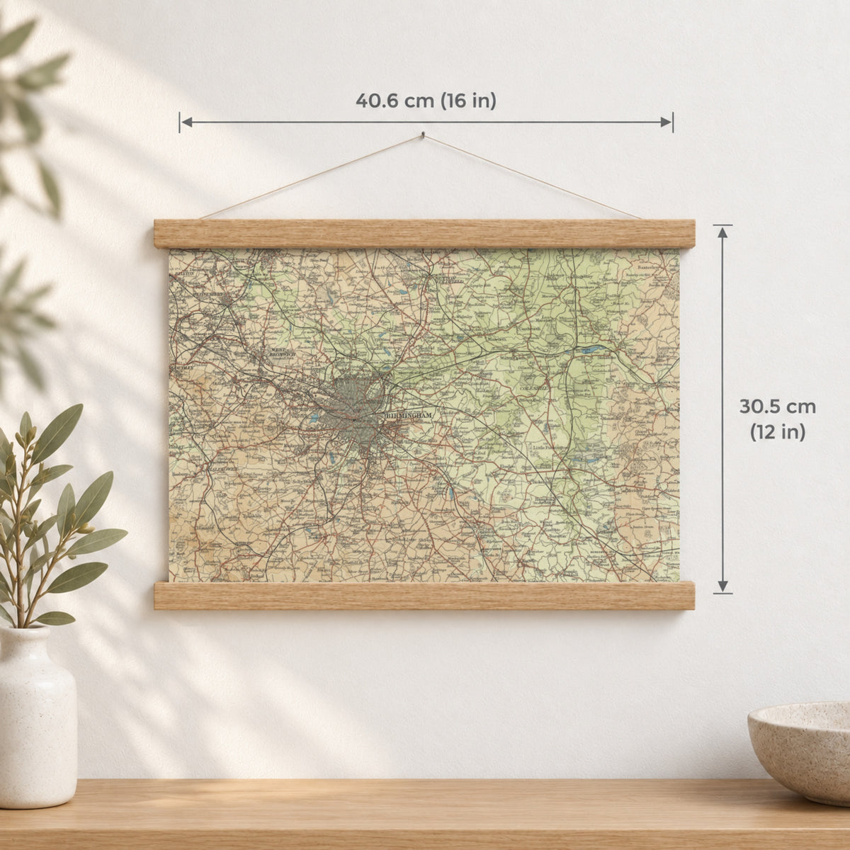 Birmingham historic map print, Bartholomew Half-Inch, 1903 — 16 × 12 in · landscape, Canvas, black hanger and Canvas, natural oak hanger and Canvas, white hanger and Fine art paper, black hanger and Fine art paper, natural oak hanger and Fine art paper, no hanger and Fine art paper, white hanger, hanger front mockup