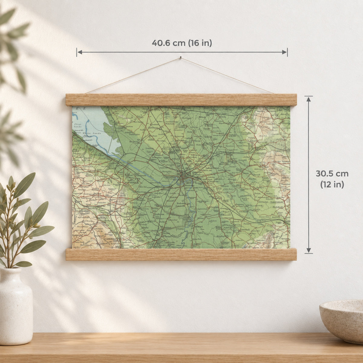 Chester historic map print, Bartholomew Half-Inch, 1902 — 16 × 12 in · landscape, Canvas, black hanger and Canvas, natural oak hanger and Canvas, white hanger and Fine art paper, black hanger and Fine art paper, natural oak hanger and Fine art paper, no hanger and Fine art paper, white hanger, hanger front mockup
