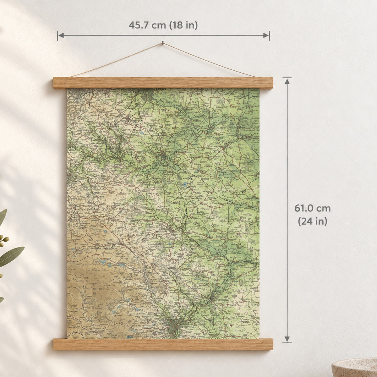 Wakefield historic map print, Bartholomew Half-Inch, 1904 — 18 × 24 in · portrait, Canvas, black hanger and Canvas, natural oak hanger and Canvas, white hanger and Fine art paper, black hanger and Fine art paper, natural oak hanger and Fine art paper, no hanger and Fine art paper, white hanger, hanger front mockup