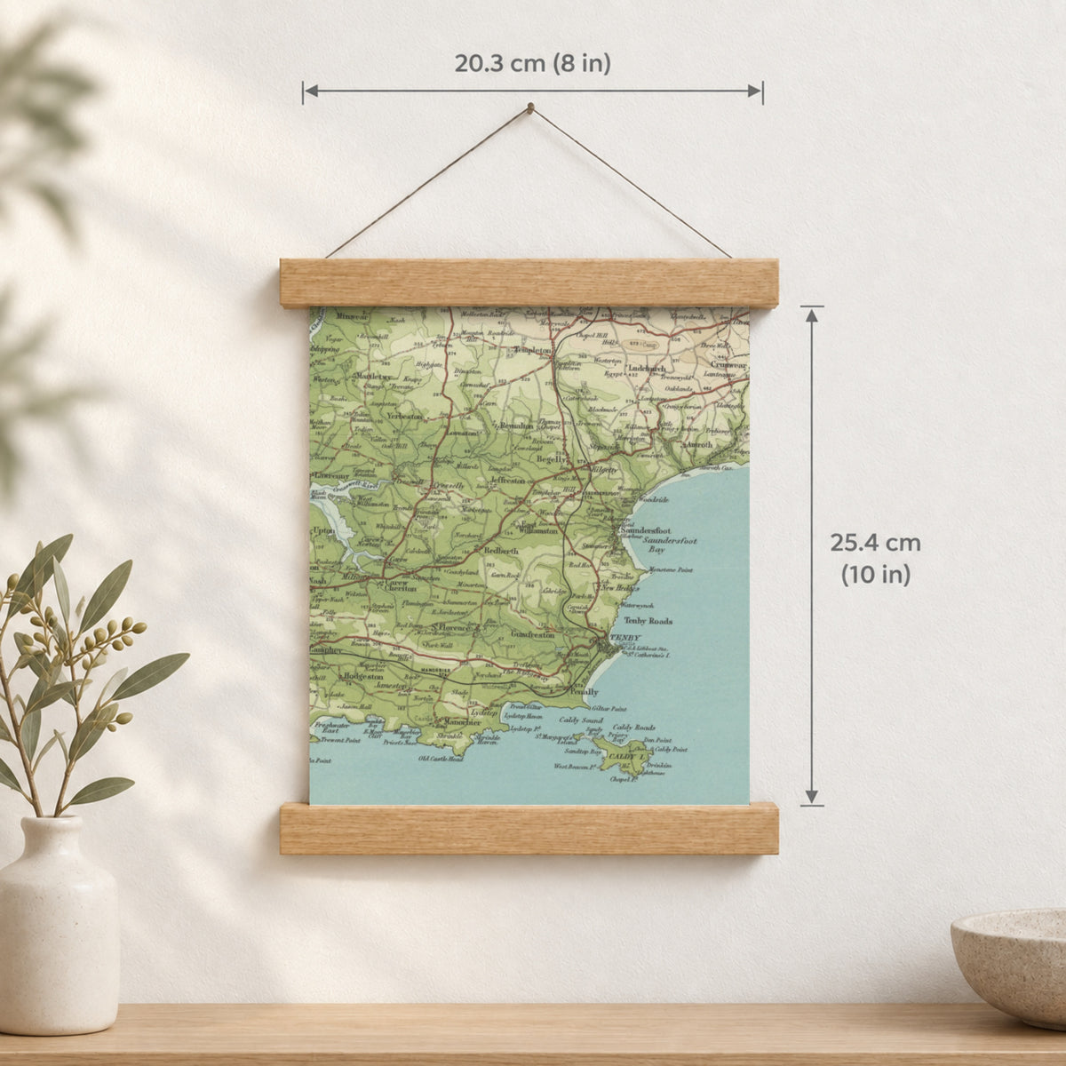 Tenby historic map print, Bartholomew Half-Inch, 1903 — 8 × 10 in · portrait, Canvas, black hanger and Canvas, natural oak hanger and Canvas, white hanger and Fine art paper, black hanger and Fine art paper, natural oak hanger and Fine art paper, no hanger and Fine art paper, white hanger, hanger front mockup