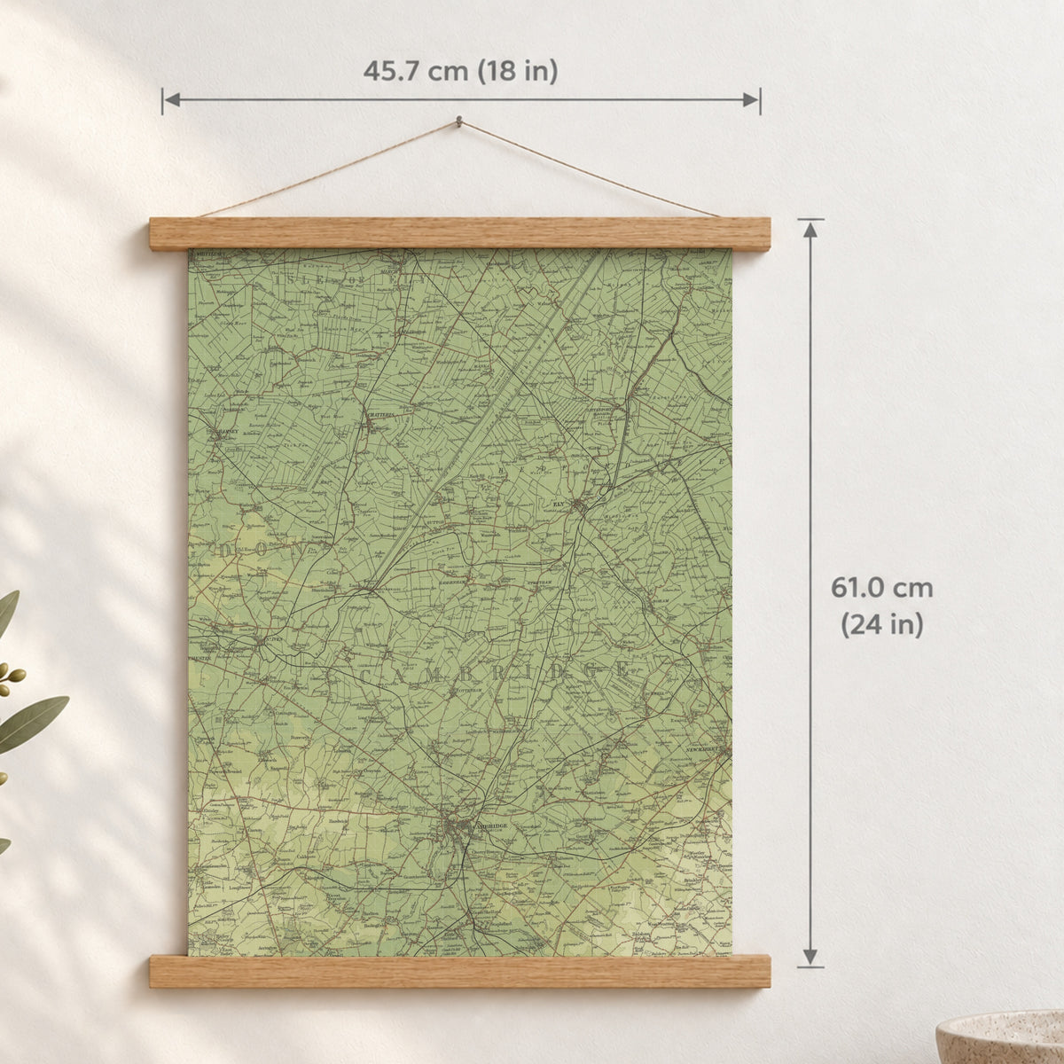 Cambridge historic map print, Bartholomew Half-Inch, 1902 — 18 × 24 in · portrait, Canvas, black hanger and Canvas, natural oak hanger and Canvas, white hanger and Fine art paper, black hanger and Fine art paper, natural oak hanger and Fine art paper, no hanger and Fine art paper, white hanger, hanger front mockup