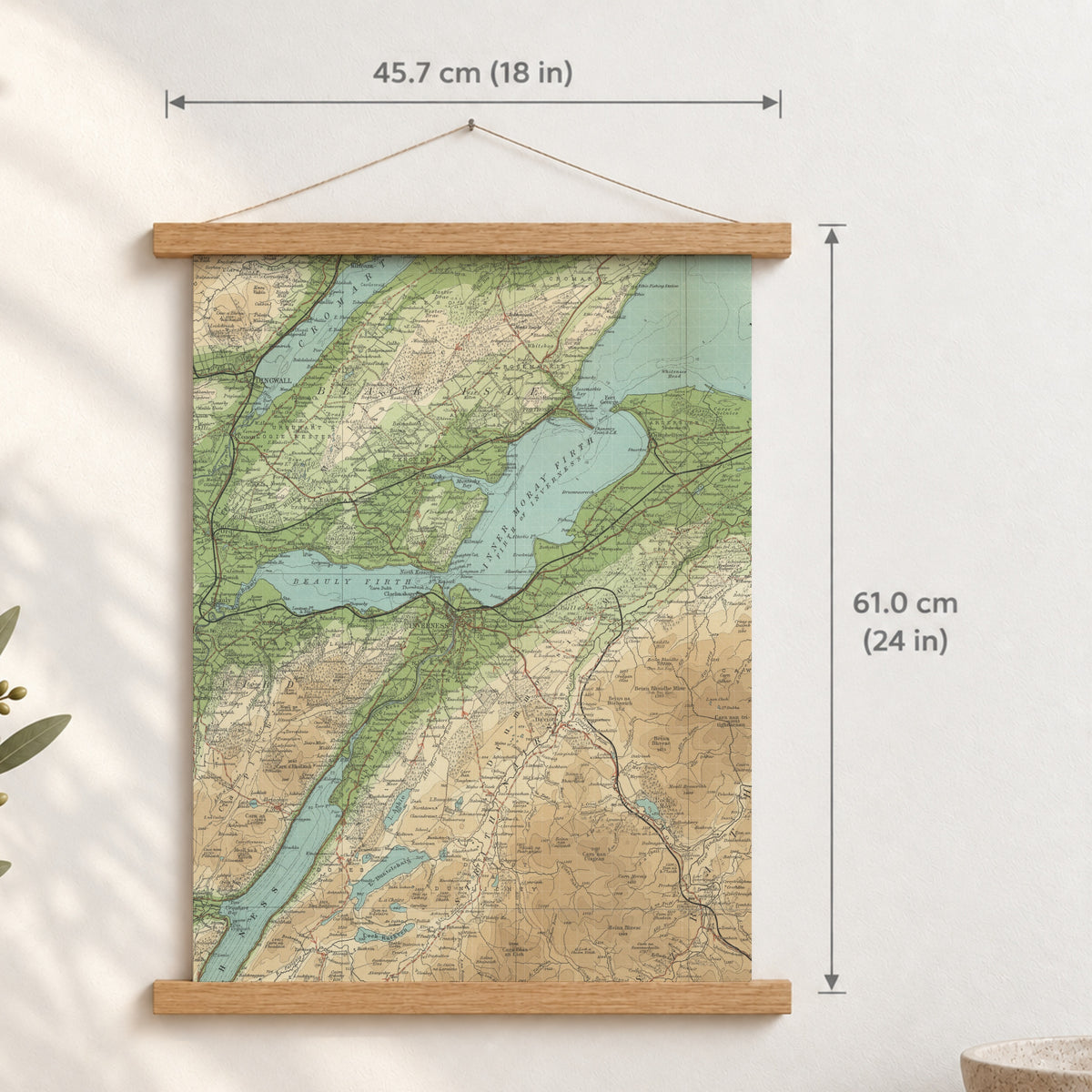 Inverness historic map print, Bartholomew Half-Inch, 1903 — 18 × 24 in · portrait, Canvas, black hanger and Canvas, natural oak hanger and Canvas, white hanger and Fine art paper, black hanger and Fine art paper, natural oak hanger and Fine art paper, no hanger and Fine art paper, white hanger, hanger front mockup