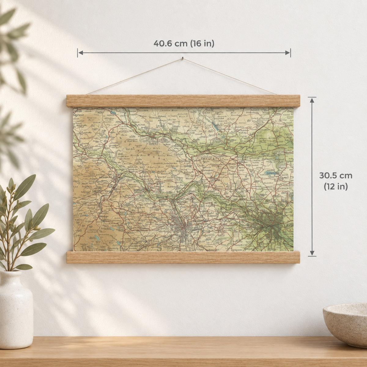 Bradford historic map print, Bartholomew Half-Inch, 1906 — 16 × 12 in · landscape, Canvas, black hanger and Canvas, natural oak hanger and Canvas, white hanger and Fine art paper, black hanger and Fine art paper, natural oak hanger and Fine art paper, no hanger and Fine art paper, white hanger, hanger front mockup