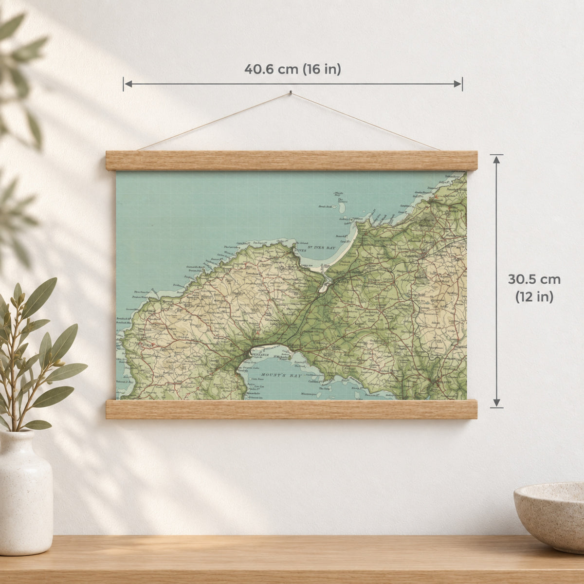 St Ives historic map print, Bartholomew Half-Inch, 1903 — 16 × 12 in · landscape, Canvas, black hanger and Canvas, natural oak hanger and Canvas, white hanger and Fine art paper, black hanger and Fine art paper, natural oak hanger and Fine art paper, no hanger and Fine art paper, white hanger, hanger front mockup