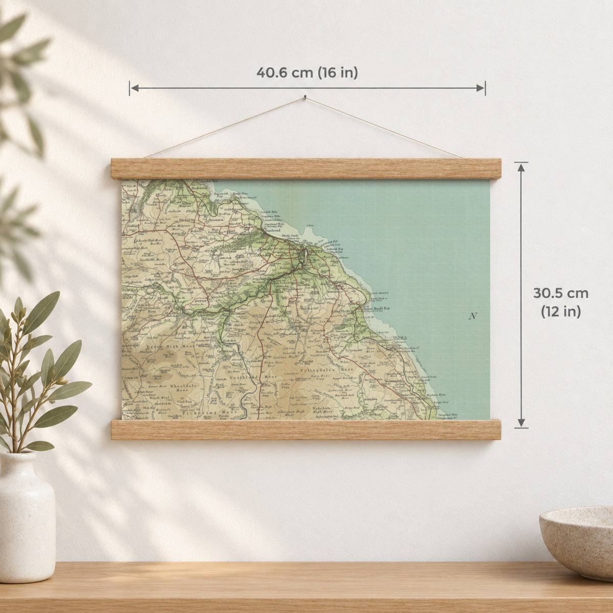 Whitby historic map print, Bartholomew Half-Inch, 1903 — 16 × 12 in · landscape, Canvas, black hanger and Canvas, natural oak hanger and Canvas, white hanger and Fine art paper, black hanger and Fine art paper, natural oak hanger and Fine art paper, no hanger and Fine art paper, white hanger, hanger front mockup