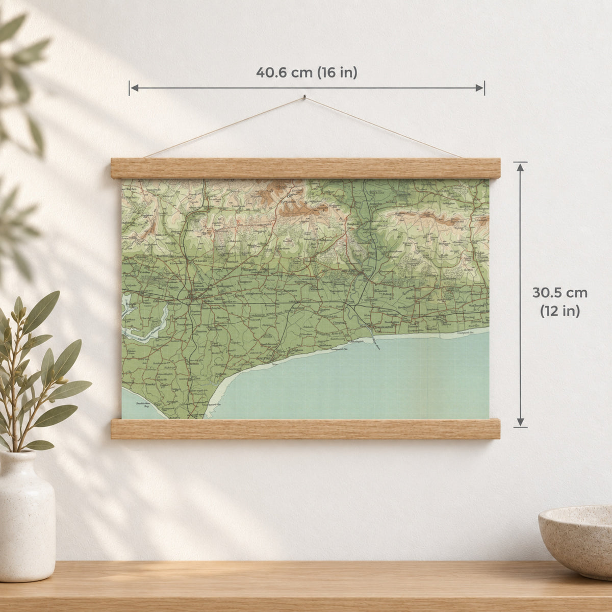 Chichester historic map print, Bartholomew Half-Inch, 1902 — 16 × 12 in · landscape, Canvas, black hanger and Canvas, natural oak hanger and Canvas, white hanger and Fine art paper, black hanger and Fine art paper, natural oak hanger and Fine art paper, no hanger and Fine art paper, white hanger, hanger front mockup