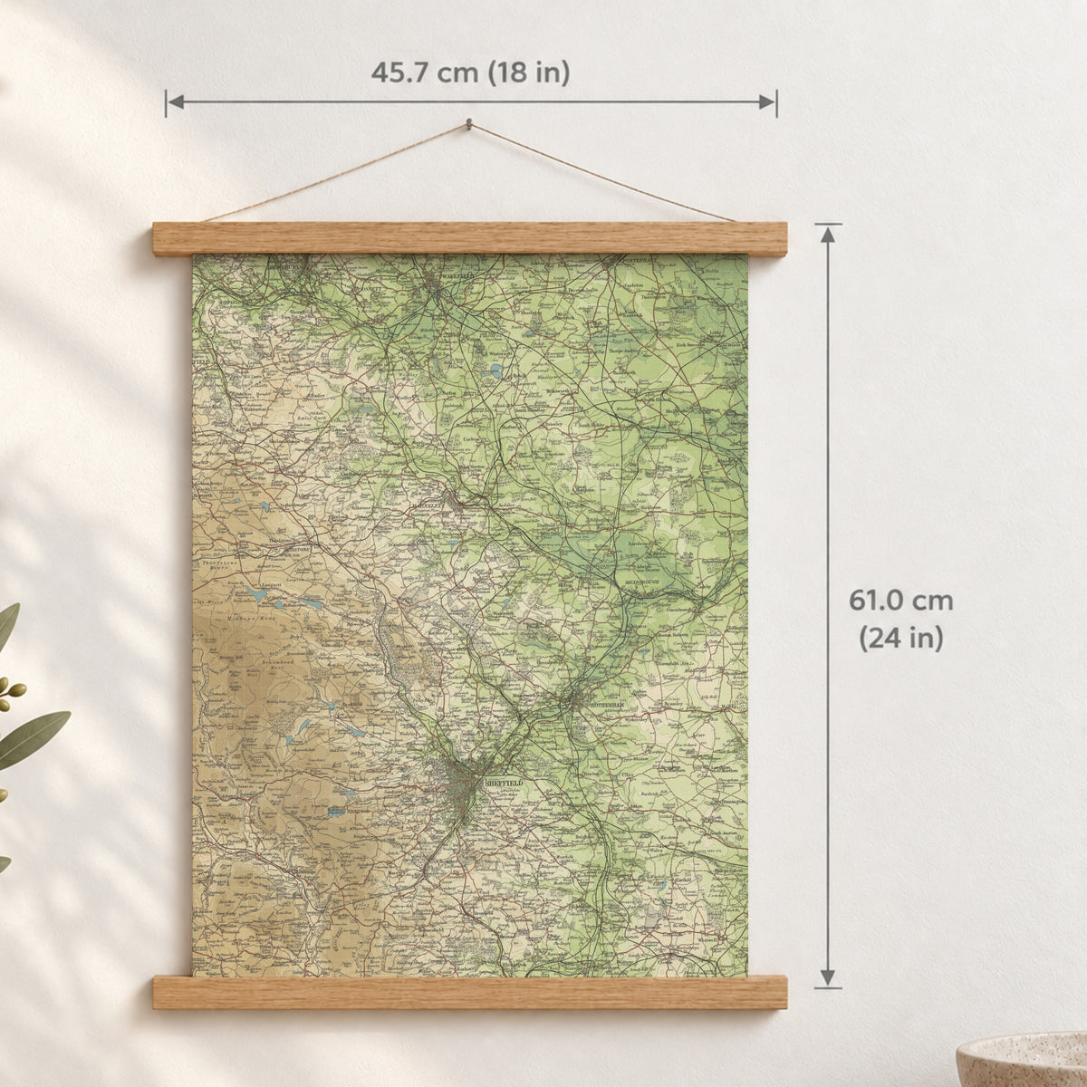Sheffield historic map print, Bartholomew Half-Inch, 1904 — 18 × 24 in · portrait, Canvas, black hanger and Canvas, natural oak hanger and Canvas, white hanger and Fine art paper, black hanger and Fine art paper, natural oak hanger and Fine art paper, no hanger and Fine art paper, white hanger, hanger front mockup