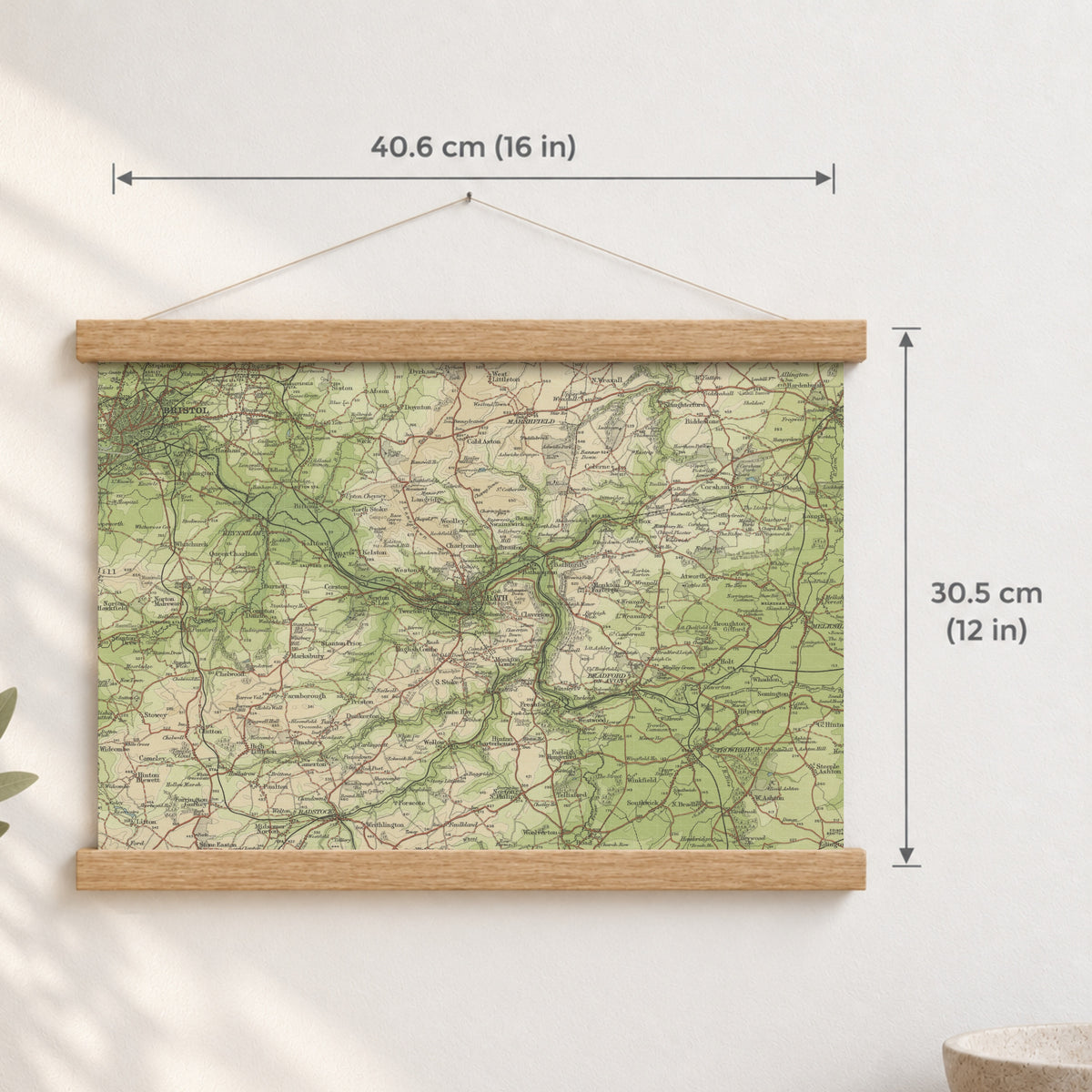 Bath historic map print, Bartholomew Half-Inch, 1904 — 16 × 12 in · landscape, Canvas, black hanger and Canvas, natural oak hanger and Canvas, white hanger and Fine art paper, black hanger and Fine art paper, natural oak hanger and Fine art paper, no hanger and Fine art paper, white hanger, hanger front mockup