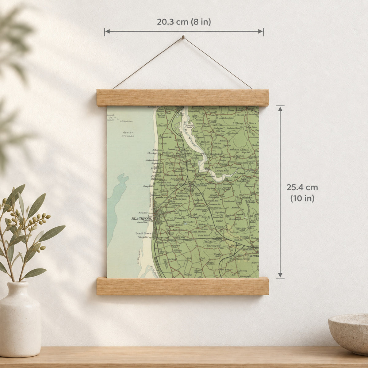 Blackpool historic map print, Bartholomew Half-Inch, 1905 — 8 × 10 in · portrait, Canvas, black hanger and Canvas, natural oak hanger and Canvas, white hanger and Fine art paper, black hanger and Fine art paper, natural oak hanger and Fine art paper, no hanger and Fine art paper, white hanger, hanger front mockup