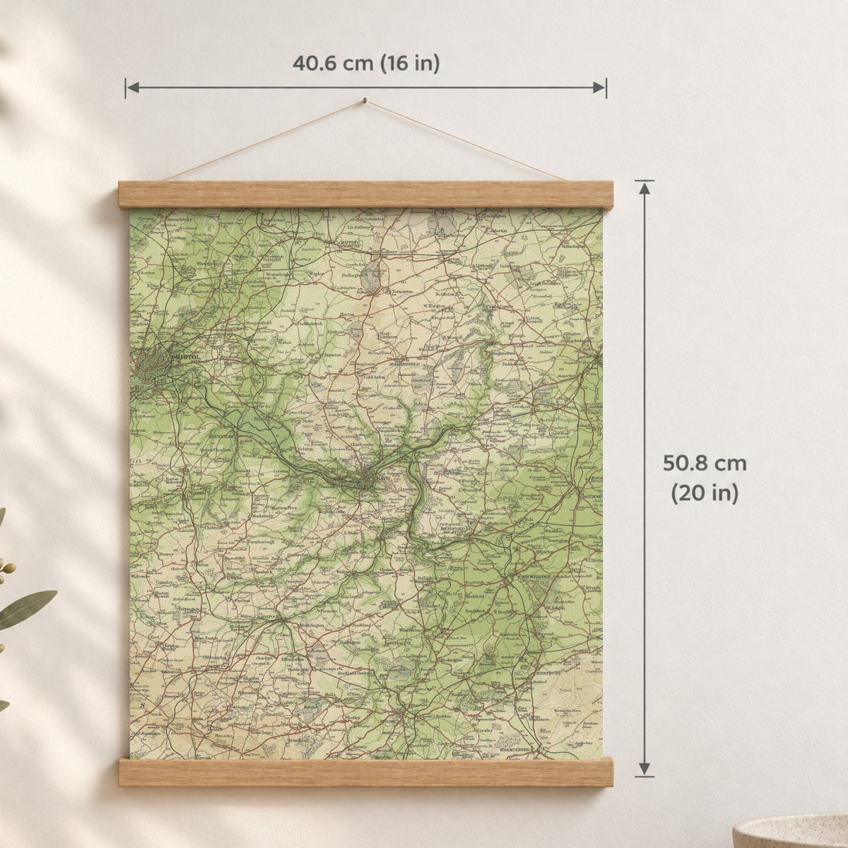 Bath historic map print, Bartholomew Half-Inch, 1904 — 16 × 20 in · portrait, Canvas, black hanger and Canvas, natural oak hanger and Canvas, white hanger and Fine art paper, black hanger and Fine art paper, natural oak hanger and Fine art paper, no hanger and Fine art paper, white hanger, hanger front mockup