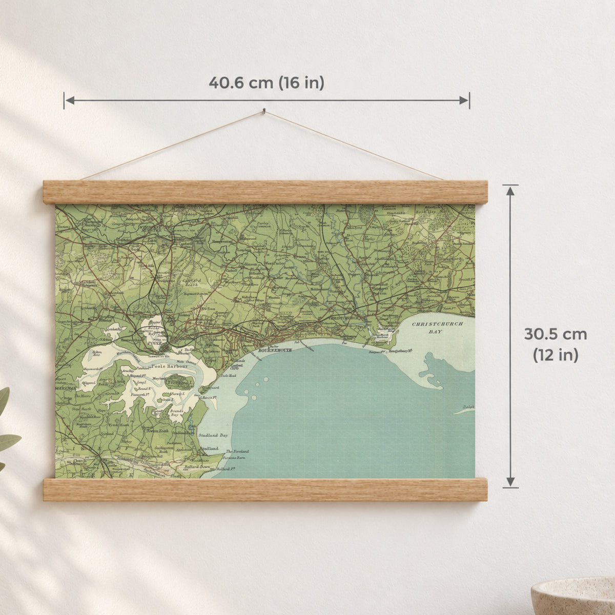 Bournemouth historic map print, Bartholomew Half-Inch, 1902 — 16 × 12 in · landscape, Canvas, black hanger and Canvas, natural oak hanger and Canvas, white hanger and Fine art paper, black hanger and Fine art paper, natural oak hanger and Fine art paper, no hanger and Fine art paper, white hanger, hanger front mockup