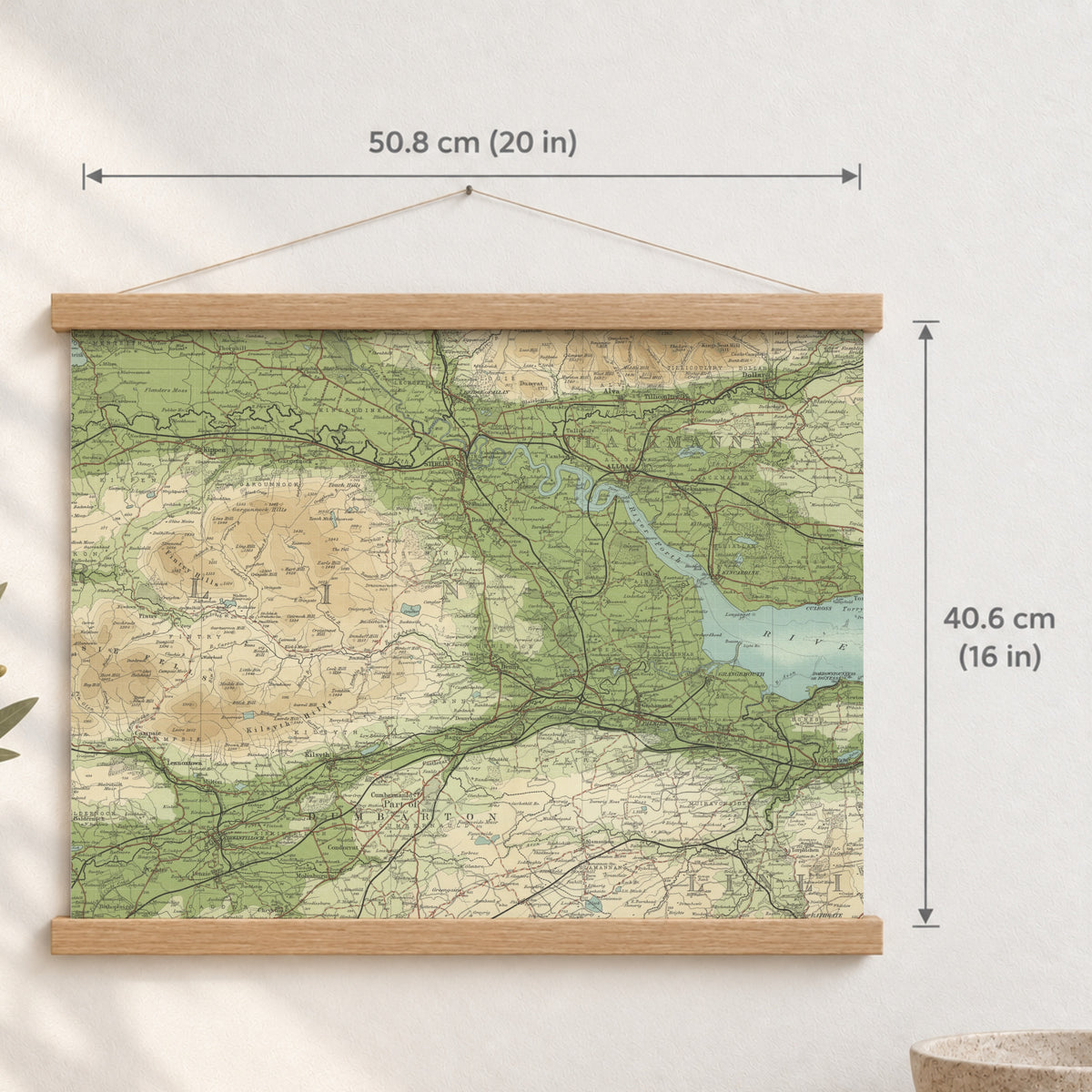 Stirling historic map print, Bartholomew Half-Inch, 1903 — 20 × 16 in · landscape, Canvas, black hanger and Canvas, natural oak hanger and Canvas, white hanger and Fine art paper, black hanger and Fine art paper, natural oak hanger and Fine art paper, no hanger and Fine art paper, white hanger, hanger front mockup