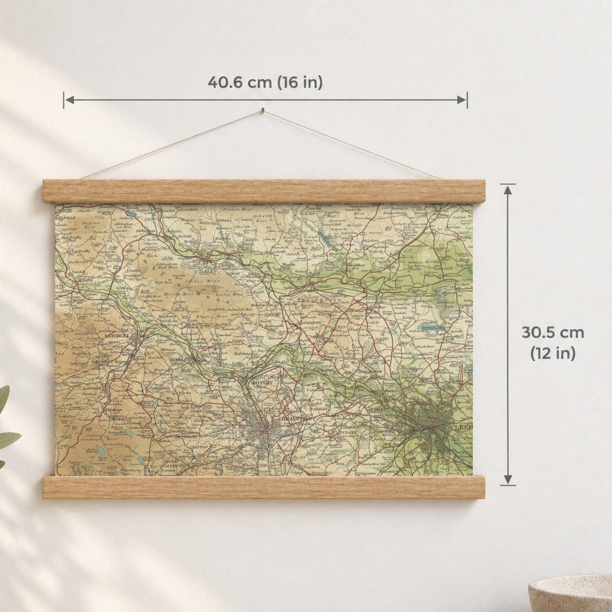 Bradford historic map print, Bartholomew Half-Inch, 1906 — 16 × 12 in · landscape, Canvas, black hanger and Canvas, natural oak hanger and Canvas, white hanger and Fine art paper, black hanger and Fine art paper, natural oak hanger and Fine art paper, no hanger and Fine art paper, white hanger, hanger front mockup