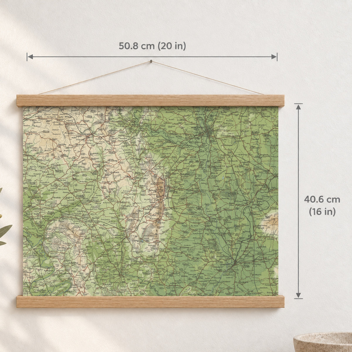 Worcester historic map print, Bartholomew Half-Inch, 1902 — 20 × 16 in · landscape, Canvas, black hanger and Canvas, natural oak hanger and Canvas, white hanger and Fine art paper, black hanger and Fine art paper, natural oak hanger and Fine art paper, no hanger and Fine art paper, white hanger, hanger front mockup