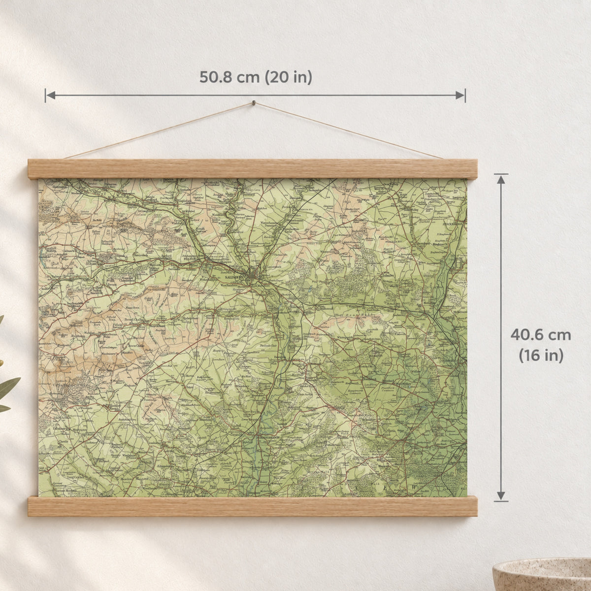 Salisbury historic map print, Bartholomew Half-Inch, 1902 — 20 × 16 in · landscape, Canvas, black hanger and Canvas, natural oak hanger and Canvas, white hanger and Fine art paper, black hanger and Fine art paper, natural oak hanger and Fine art paper, no hanger and Fine art paper, white hanger, hanger front mockup