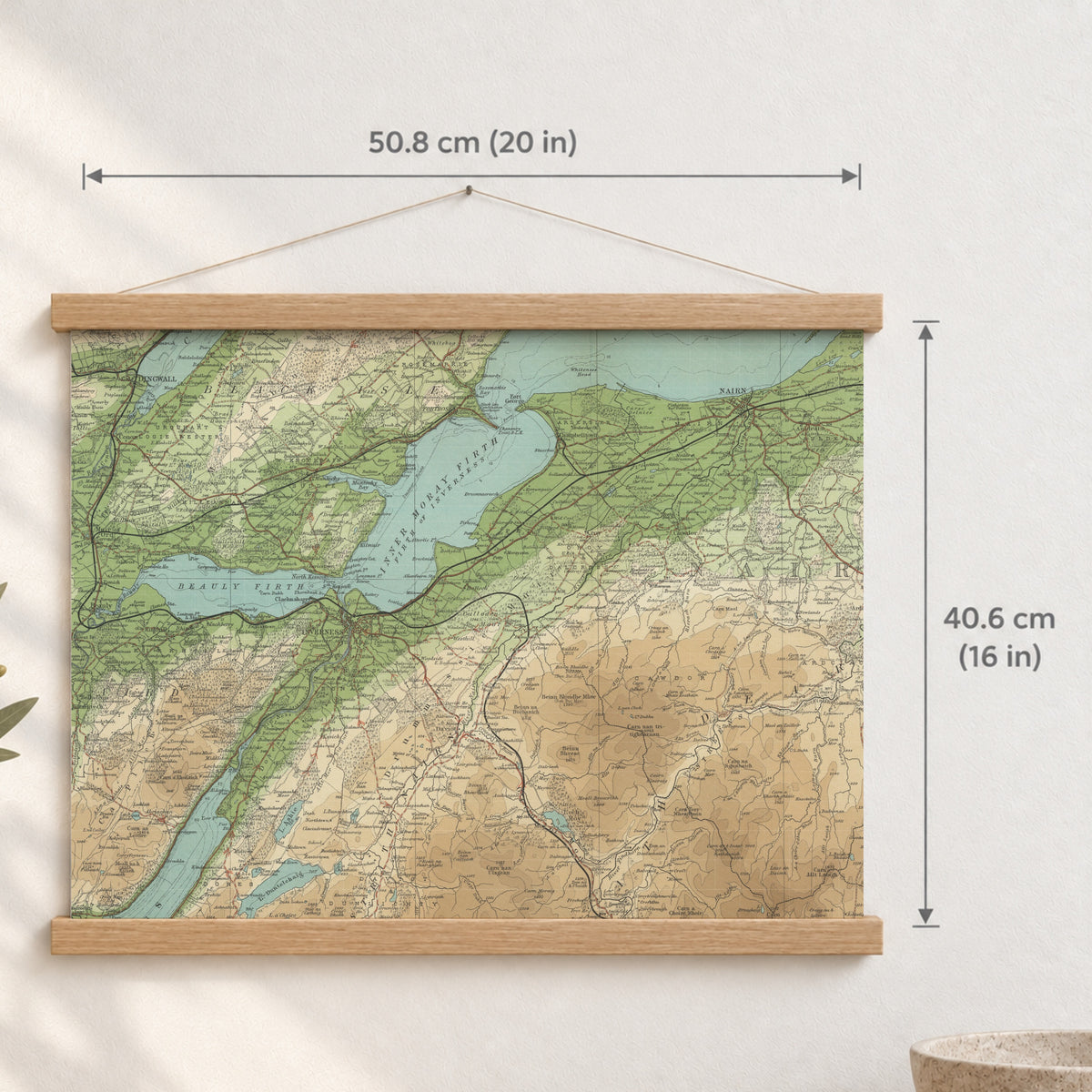 Inverness historic map print, Bartholomew Half-Inch, 1903 — 20 × 16 in · landscape, Canvas, black hanger and Canvas, natural oak hanger and Canvas, white hanger and Fine art paper, black hanger and Fine art paper, natural oak hanger and Fine art paper, no hanger and Fine art paper, white hanger, hanger front mockup