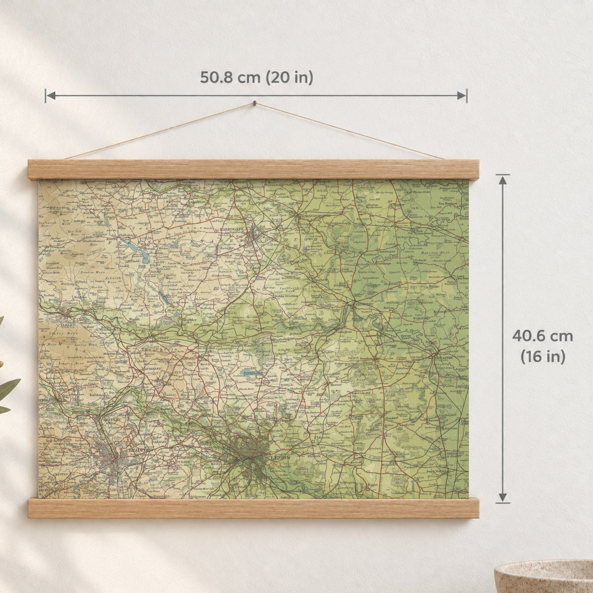 Leeds historic map print, Bartholomew Half-Inch, 1906 — 20 × 16 in · landscape, Canvas, black hanger and Canvas, natural oak hanger and Canvas, white hanger and Fine art paper, black hanger and Fine art paper, natural oak hanger and Fine art paper, no hanger and Fine art paper, white hanger, hanger front mockup