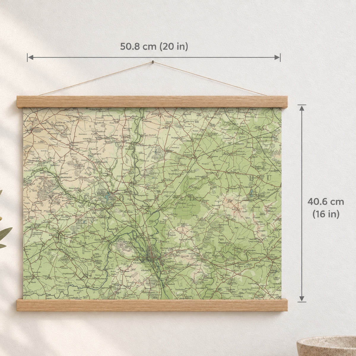 Oxford historic map print, Bartholomew Half-Inch, 1903 — 20 × 16 in · landscape, Canvas, black hanger and Canvas, natural oak hanger and Canvas, white hanger and Fine art paper, black hanger and Fine art paper, natural oak hanger and Fine art paper, no hanger and Fine art paper, white hanger, hanger front mockup