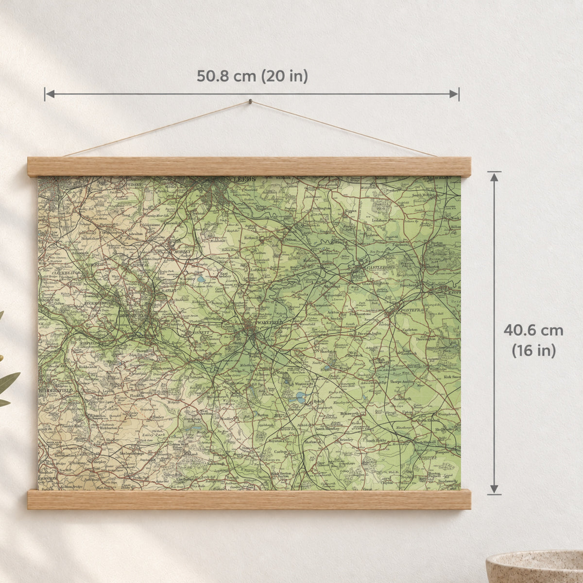 Wakefield historic map print, Bartholomew Half-Inch, 1904 — 20 × 16 in · landscape, Canvas, black hanger and Canvas, natural oak hanger and Canvas, white hanger and Fine art paper, black hanger and Fine art paper, natural oak hanger and Fine art paper, no hanger and Fine art paper, white hanger, hanger front mockup
