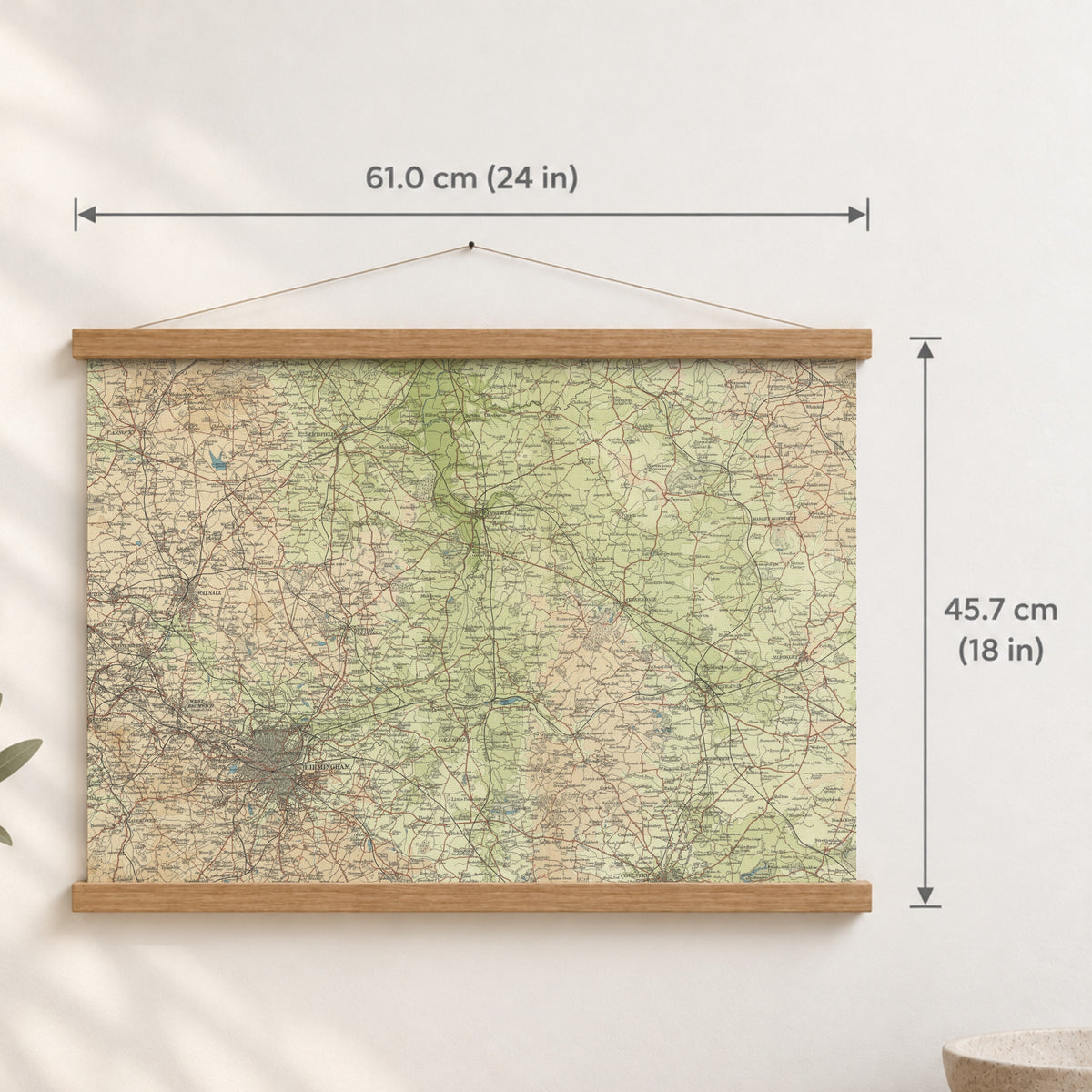 Lichfield historic map print, Bartholomew Half-Inch, 1903 — 24 × 18 in · landscape, Canvas, black hanger and Canvas, natural oak hanger and Canvas, white hanger and Fine art paper, black hanger and Fine art paper, natural oak hanger and Fine art paper, no hanger and Fine art paper, white hanger, hanger front mockup