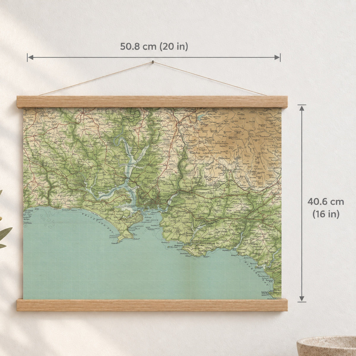 Plymouth historic map print, Bartholomew Half-Inch, 1903 — 20 × 16 in · landscape, Canvas, black hanger and Canvas, natural oak hanger and Canvas, white hanger and Fine art paper, black hanger and Fine art paper, natural oak hanger and Fine art paper, no hanger and Fine art paper, white hanger, hanger front mockup