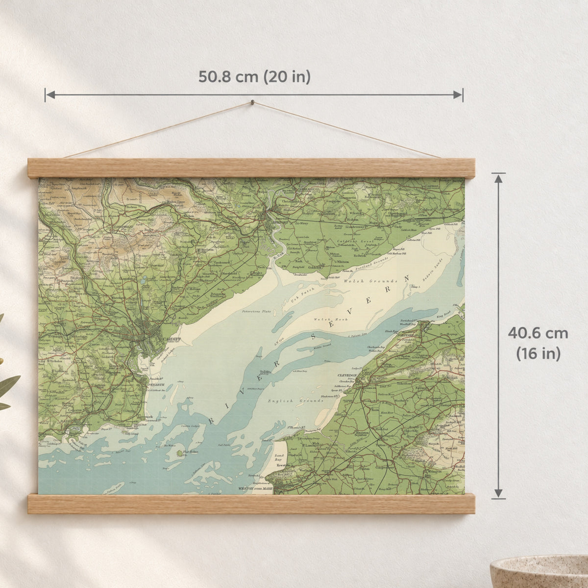 Cardiff historic map print, Bartholomew Half-Inch, 1904 — 20 × 16 in · landscape, Canvas, black hanger and Canvas, natural oak hanger and Canvas, white hanger and Fine art paper, black hanger and Fine art paper, natural oak hanger and Fine art paper, no hanger and Fine art paper, white hanger, hanger front mockup