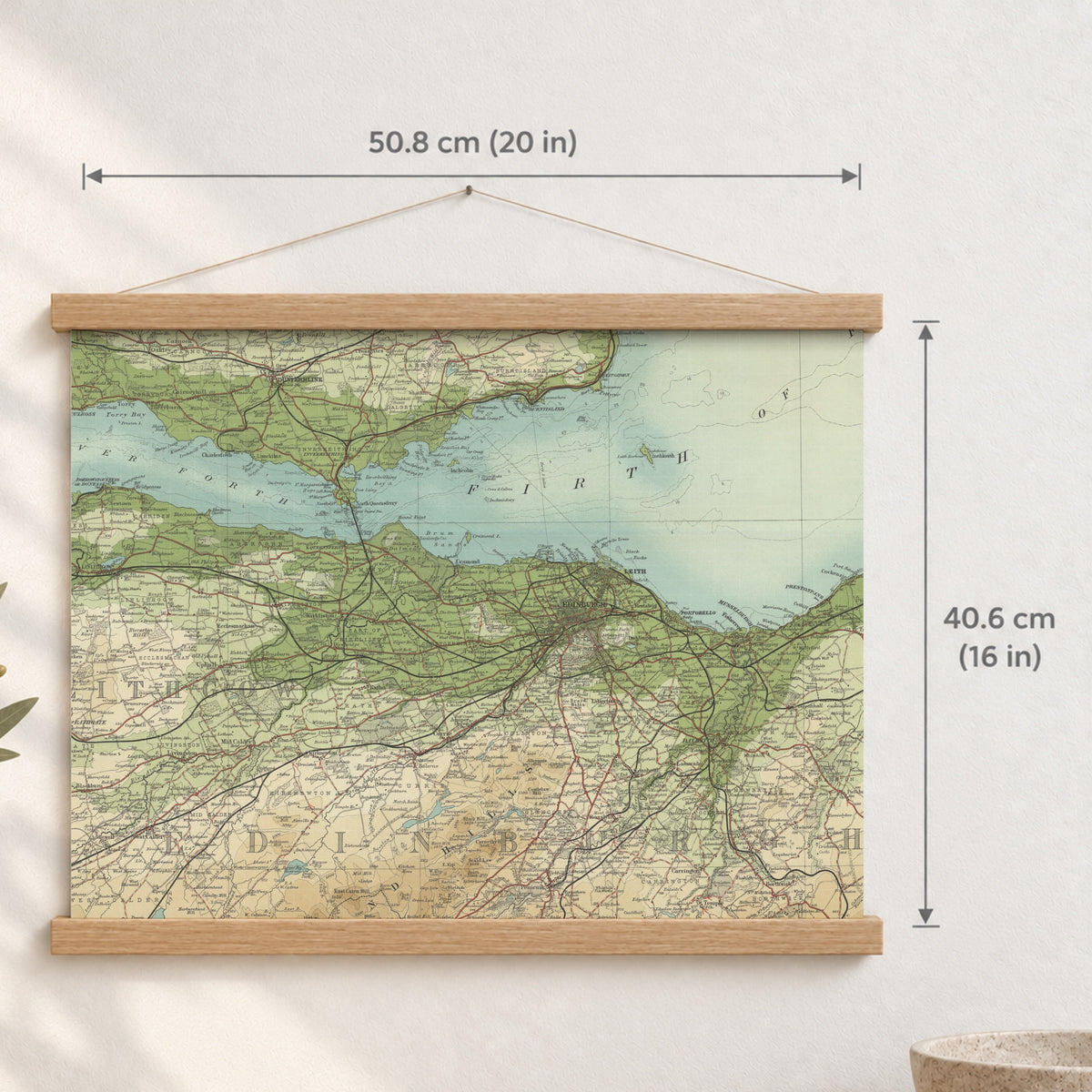 Edinburgh historic map print, Bartholomew Half-Inch, 1903 — 20 × 16 in · landscape, Canvas, black hanger and Canvas, natural oak hanger and Canvas, white hanger and Fine art paper, black hanger and Fine art paper, natural oak hanger and Fine art paper, no hanger and Fine art paper, white hanger, hanger front mockup