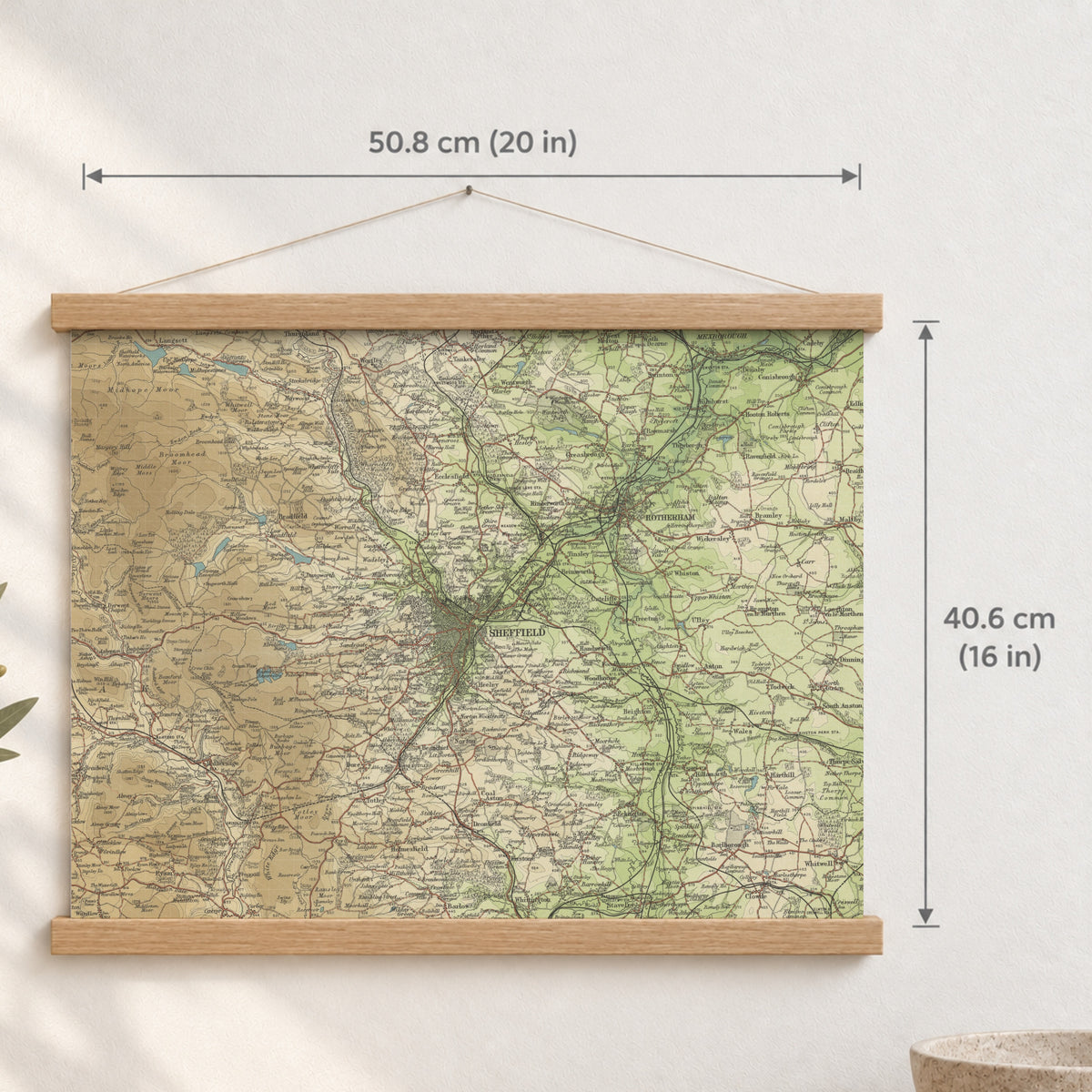 Sheffield historic map print, Bartholomew Half-Inch, 1904 — 20 × 16 in · landscape, Canvas, black hanger and Canvas, natural oak hanger and Canvas, white hanger and Fine art paper, black hanger and Fine art paper, natural oak hanger and Fine art paper, no hanger and Fine art paper, white hanger, hanger front mockup