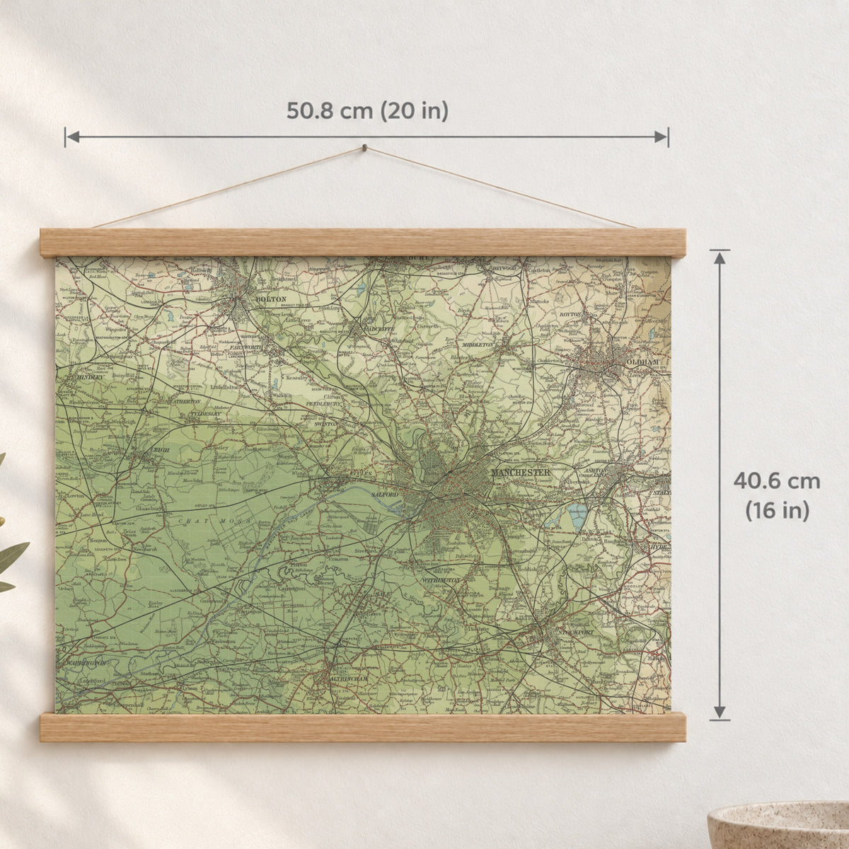 Salford historic map print, Bartholomew Half-Inch, 1904 — 20 × 16 in · landscape, Canvas, black hanger and Canvas, natural oak hanger and Canvas, white hanger and Fine art paper, black hanger and Fine art paper, natural oak hanger and Fine art paper, no hanger and Fine art paper, white hanger, hanger front mockup