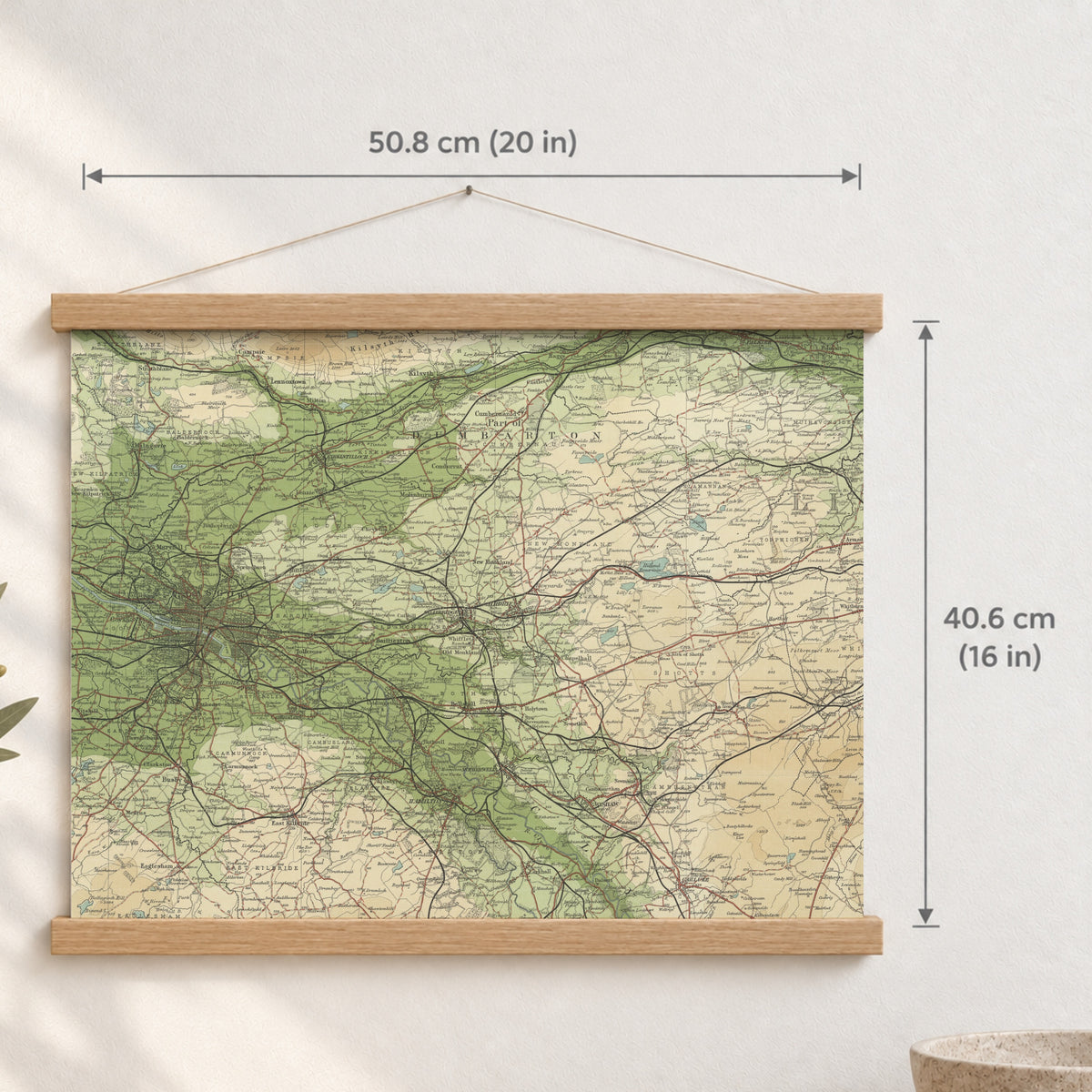 Glasgow historic map print, Bartholomew Half-Inch, 1903 — 20 × 16 in · landscape, Canvas, black hanger and Canvas, natural oak hanger and Canvas, white hanger and Fine art paper, black hanger and Fine art paper, natural oak hanger and Fine art paper, no hanger and Fine art paper, white hanger, hanger front mockup