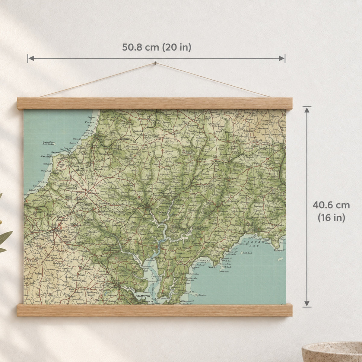 Truro historic map print, Bartholomew Half-Inch, 1903 — 20 × 16 in · landscape, Canvas, black hanger and Canvas, natural oak hanger and Canvas, white hanger and Fine art paper, black hanger and Fine art paper, natural oak hanger and Fine art paper, no hanger and Fine art paper, white hanger, hanger front mockup