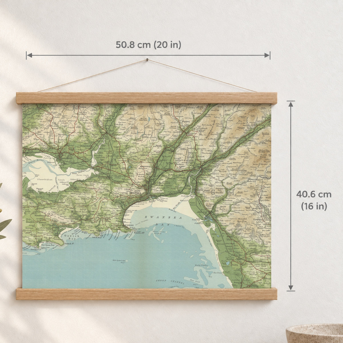 Swansea historic map print, Bartholomew Half-Inch, 1904 — 20 × 16 in · landscape, Canvas, black hanger and Canvas, natural oak hanger and Canvas, white hanger and Fine art paper, black hanger and Fine art paper, natural oak hanger and Fine art paper, no hanger and Fine art paper, white hanger, hanger front mockup