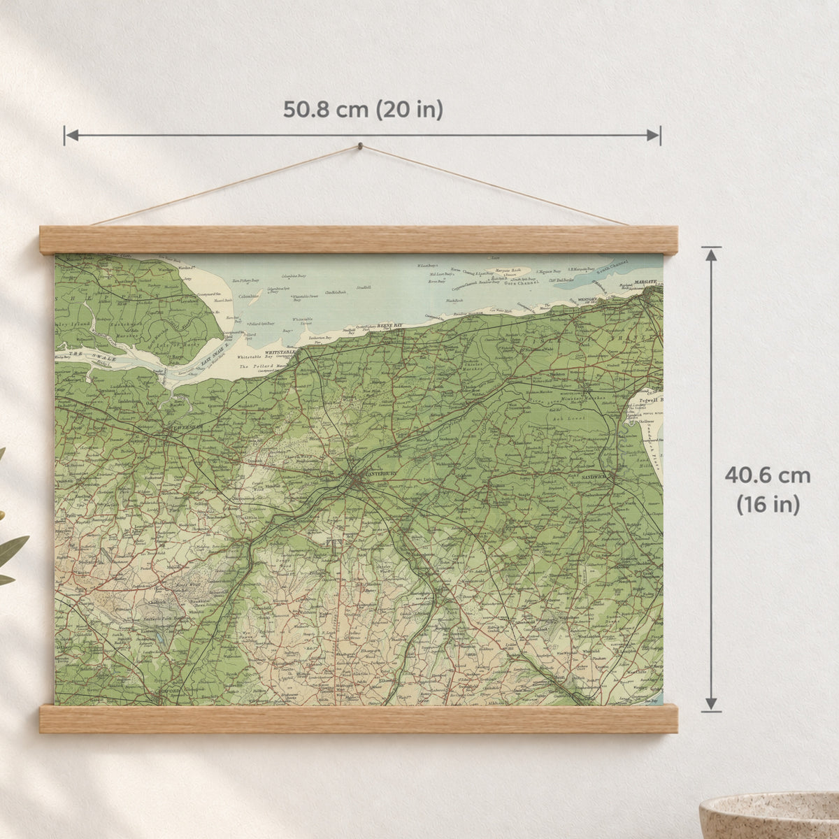 Canterbury historic map print, Bartholomew Half-Inch, 1904 — 20 × 16 in · landscape, Canvas, black hanger and Canvas, natural oak hanger and Canvas, white hanger and Fine art paper, black hanger and Fine art paper, natural oak hanger and Fine art paper, no hanger and Fine art paper, white hanger, hanger front mockup