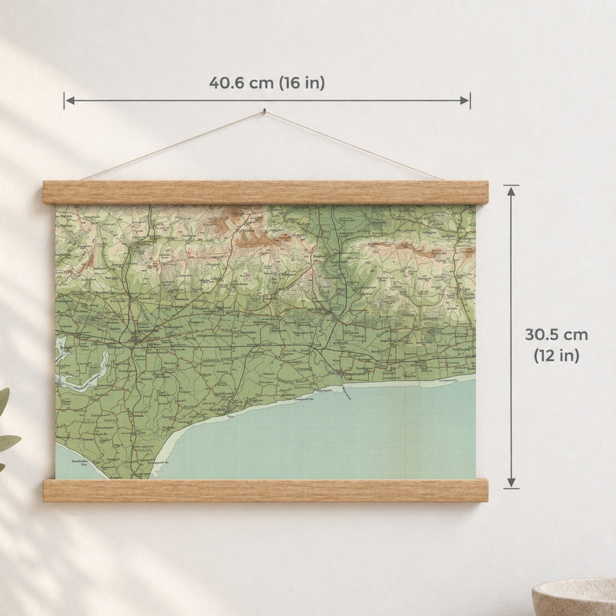 Chichester historic map print, Bartholomew Half-Inch, 1902 — 16 × 12 in · landscape, Canvas, black hanger and Canvas, natural oak hanger and Canvas, white hanger and Fine art paper, black hanger and Fine art paper, natural oak hanger and Fine art paper, no hanger and Fine art paper, white hanger, hanger front mockup