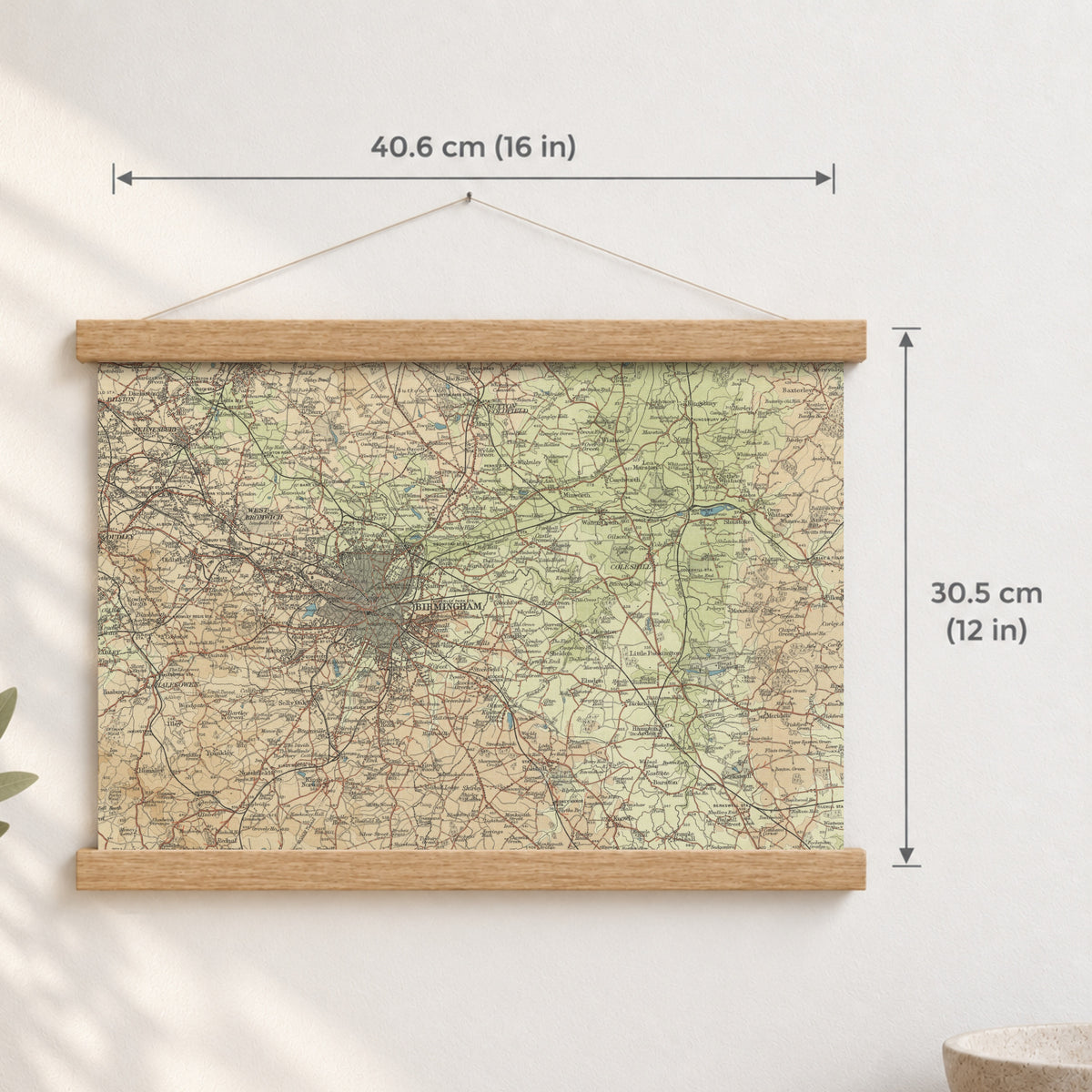 Birmingham historic map print, Bartholomew Half-Inch, 1903 — 16 × 12 in · landscape, Canvas, black hanger and Canvas, natural oak hanger and Canvas, white hanger and Fine art paper, black hanger and Fine art paper, natural oak hanger and Fine art paper, no hanger and Fine art paper, white hanger, hanger front mockup