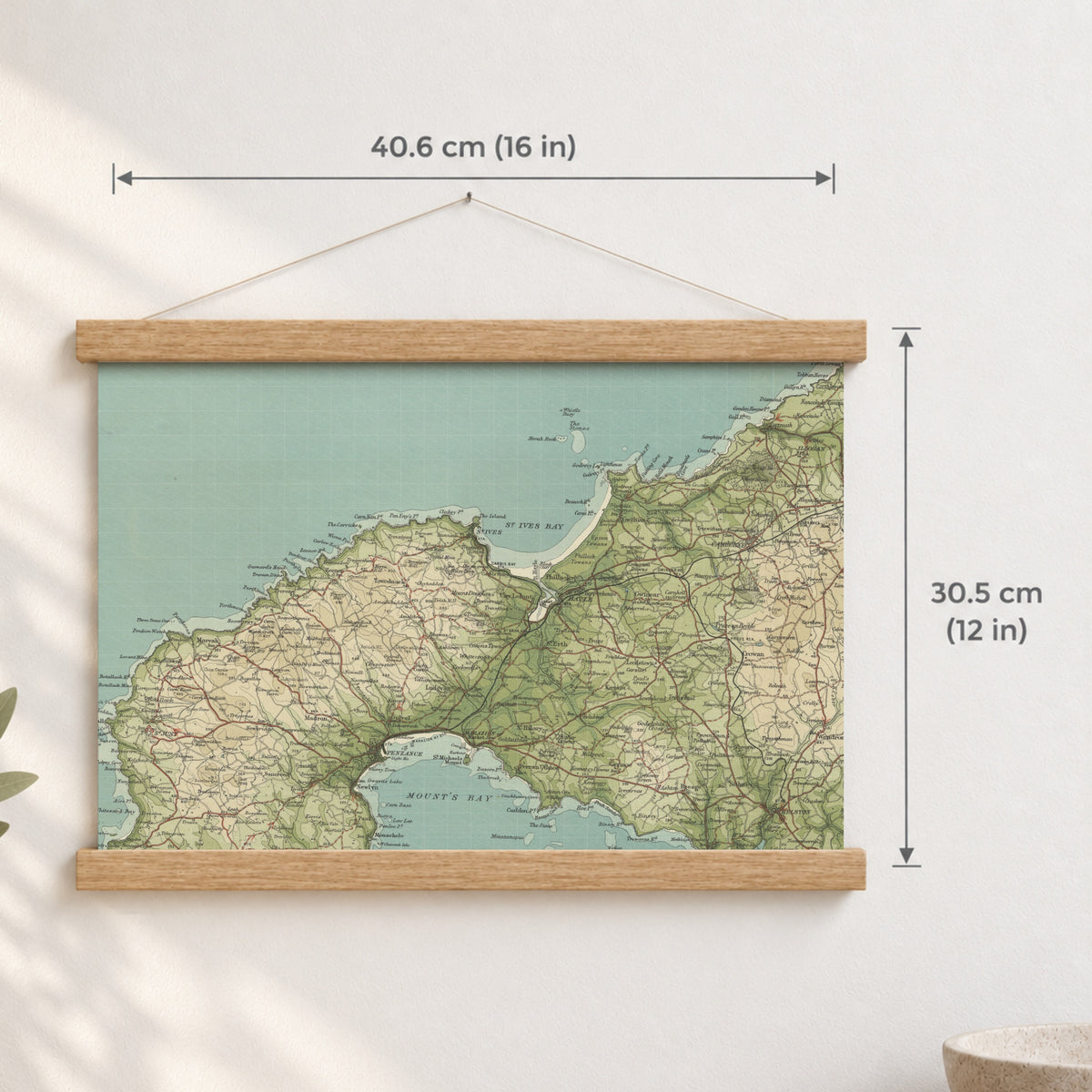St Ives historic map print, Bartholomew Half-Inch, 1903 — 16 × 12 in · landscape, Canvas, black hanger and Canvas, natural oak hanger and Canvas, white hanger and Fine art paper, black hanger and Fine art paper, natural oak hanger and Fine art paper, no hanger and Fine art paper, white hanger, hanger front mockup
