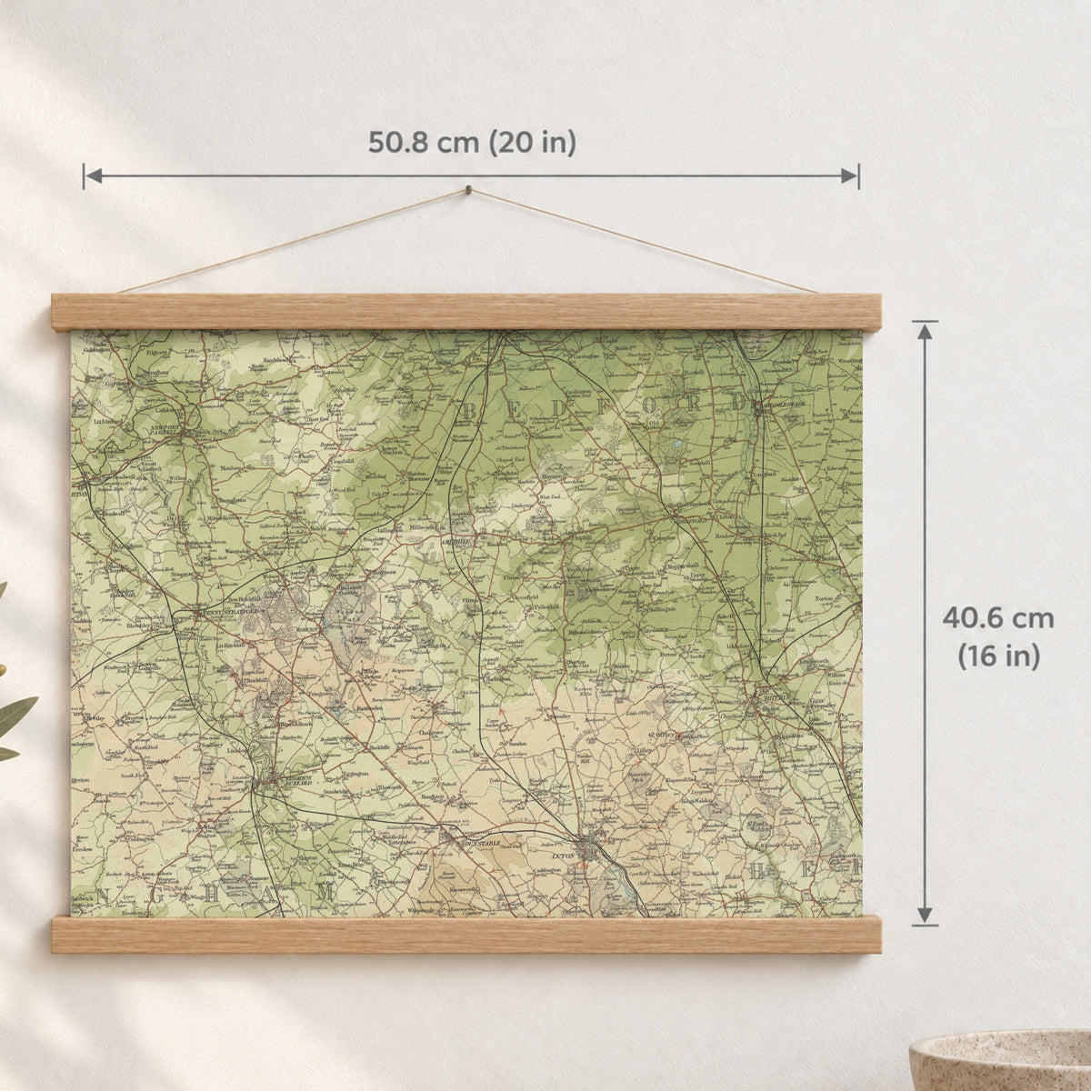 Milton Keynes historic map print, Bartholomew Half-Inch, 1903 — 20 × 16 in · landscape, Canvas, black hanger and Canvas, natural oak hanger and Canvas, white hanger and Fine art paper, black hanger and Fine art paper, natural oak hanger and Fine art paper, no hanger and Fine art paper, white hanger, hanger front mockup